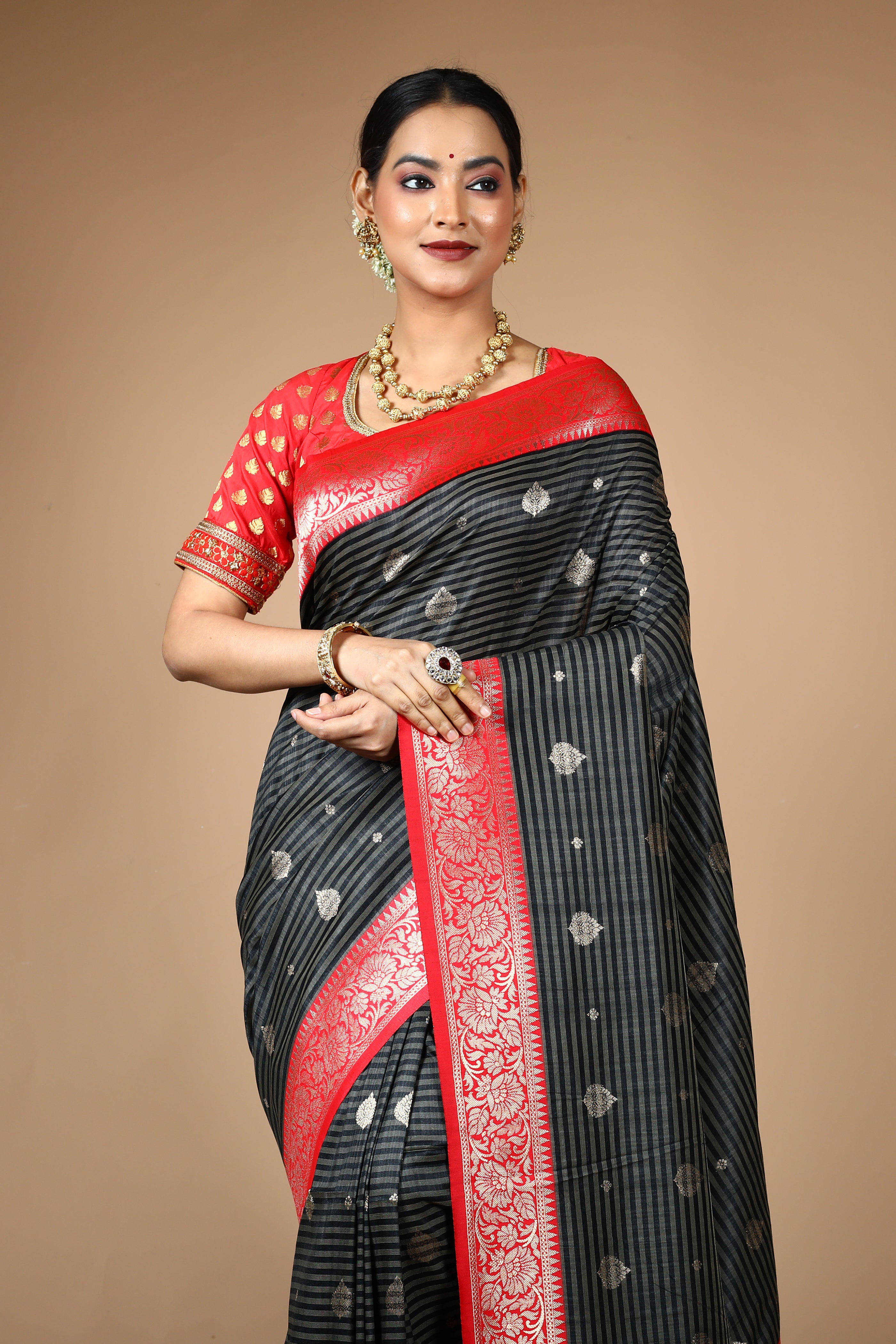 Black Striped Blended Tussar Saree