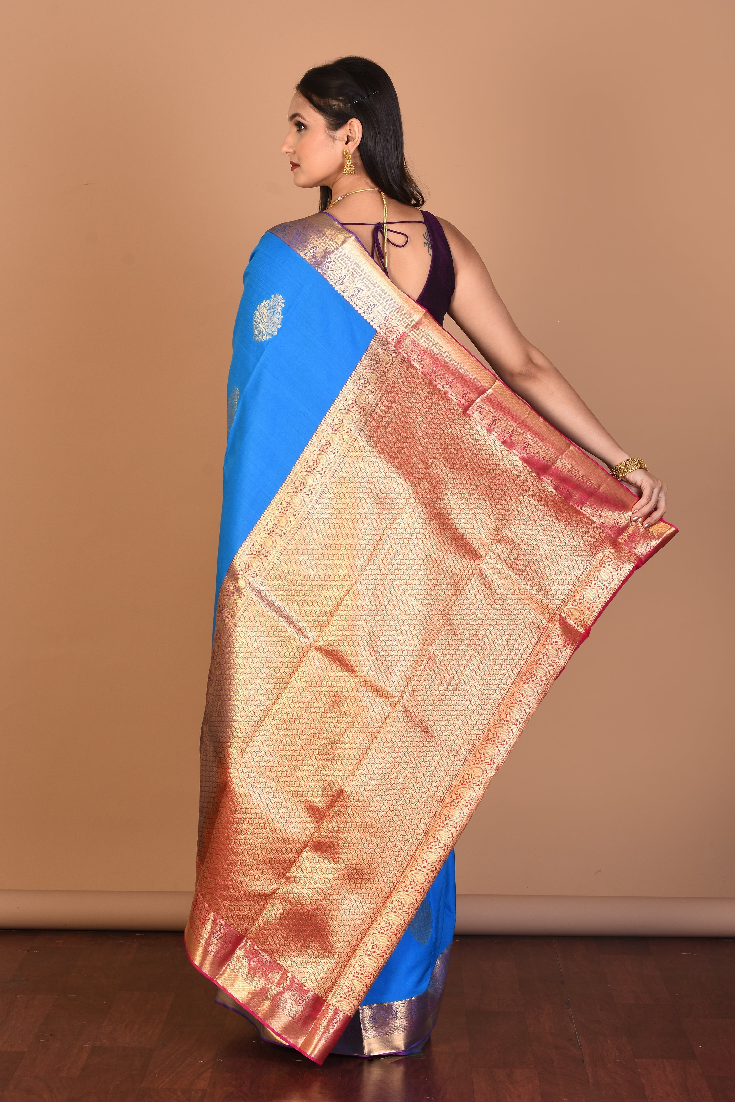 Blue Borderless Blended Kanjivaram Silk Saree with Blouse Piece - Keya Seth Exclusive