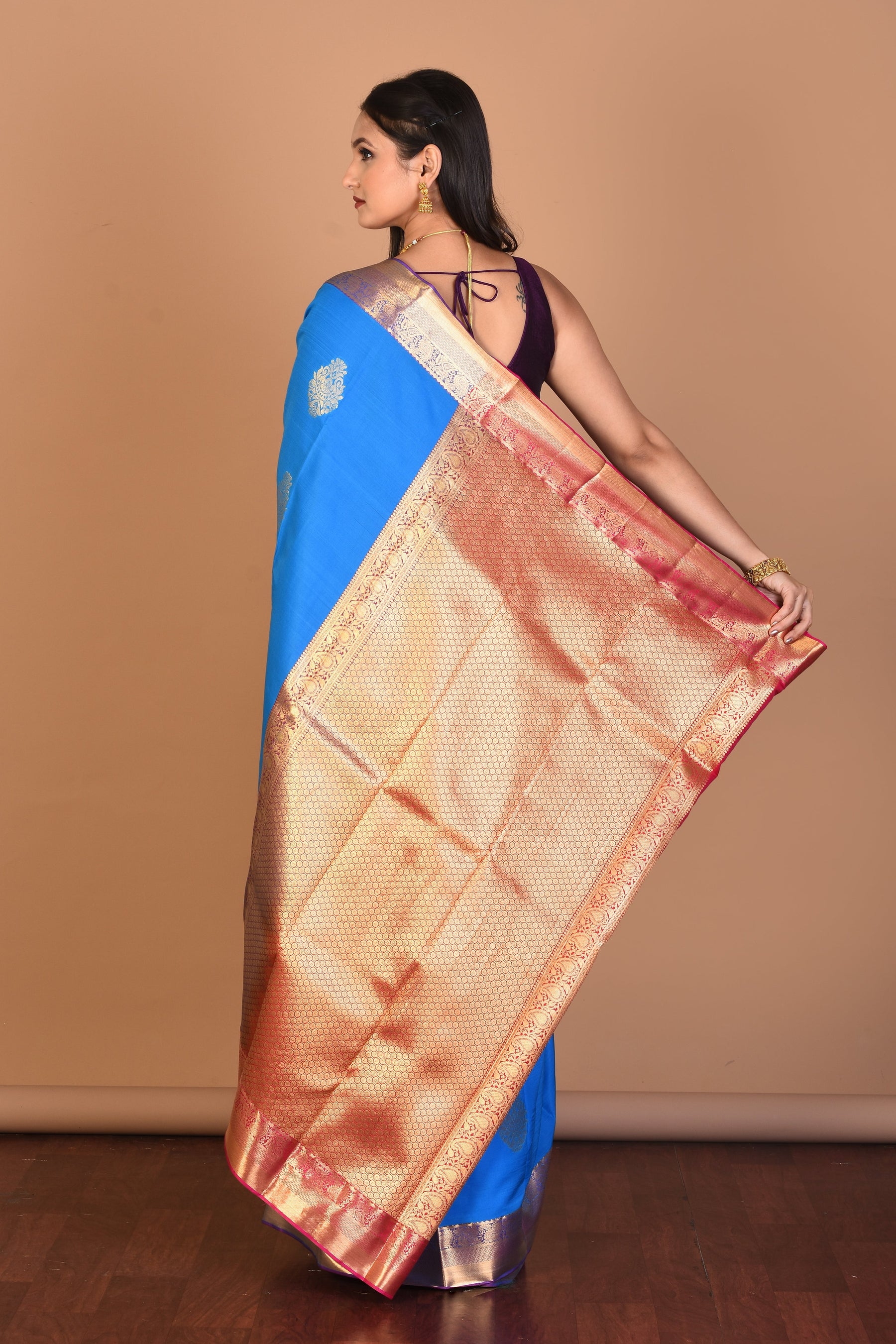 Blue Borderless Blended Kanjivaram Silk Saree with Blouse Piece - Keya Seth Exclusive