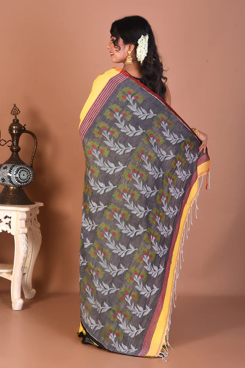 Yellow Blended Handloom Linen Saree - Keya Seth Exclusive