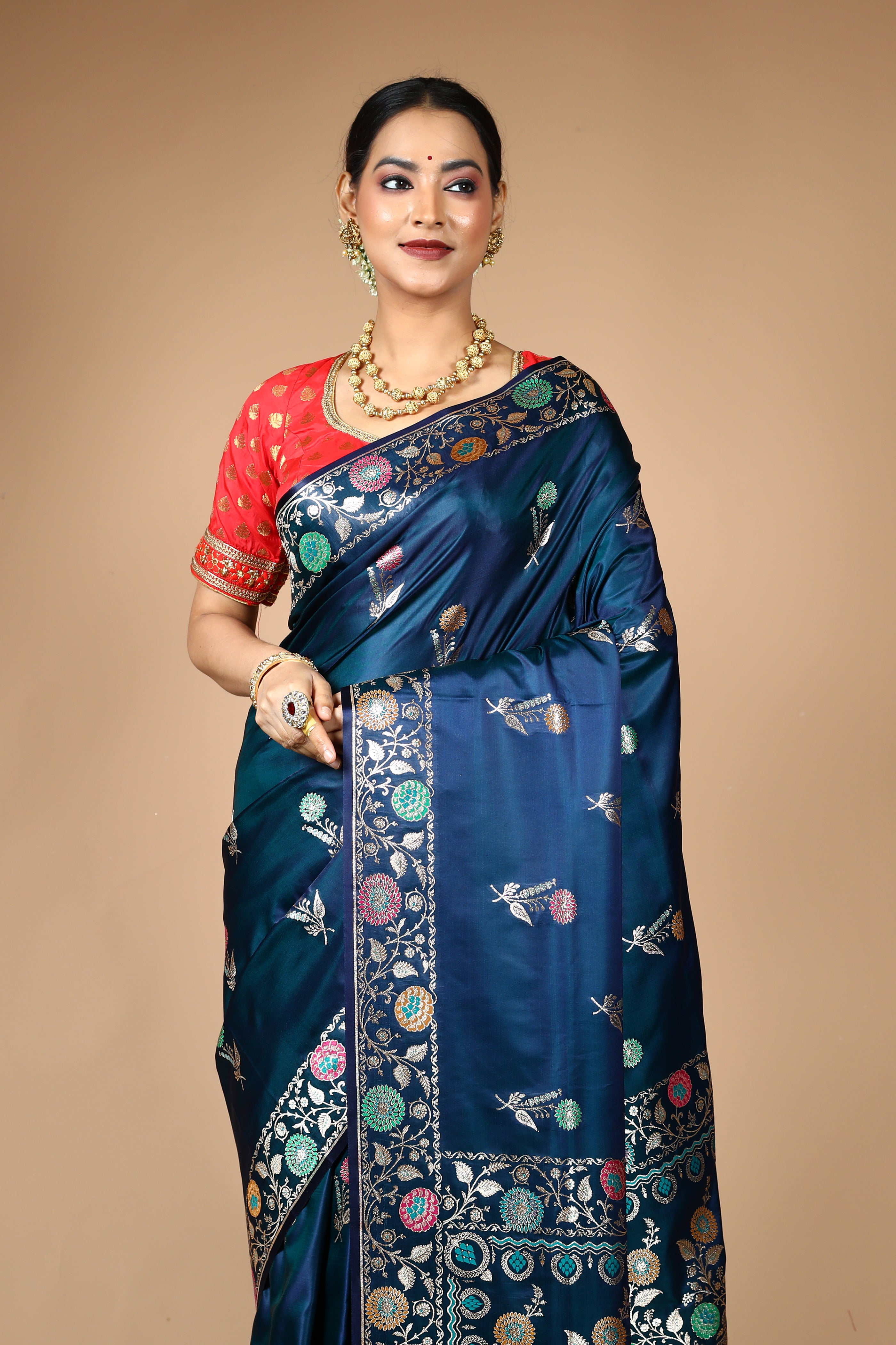 Blue Blended Satin Banarasi Saree