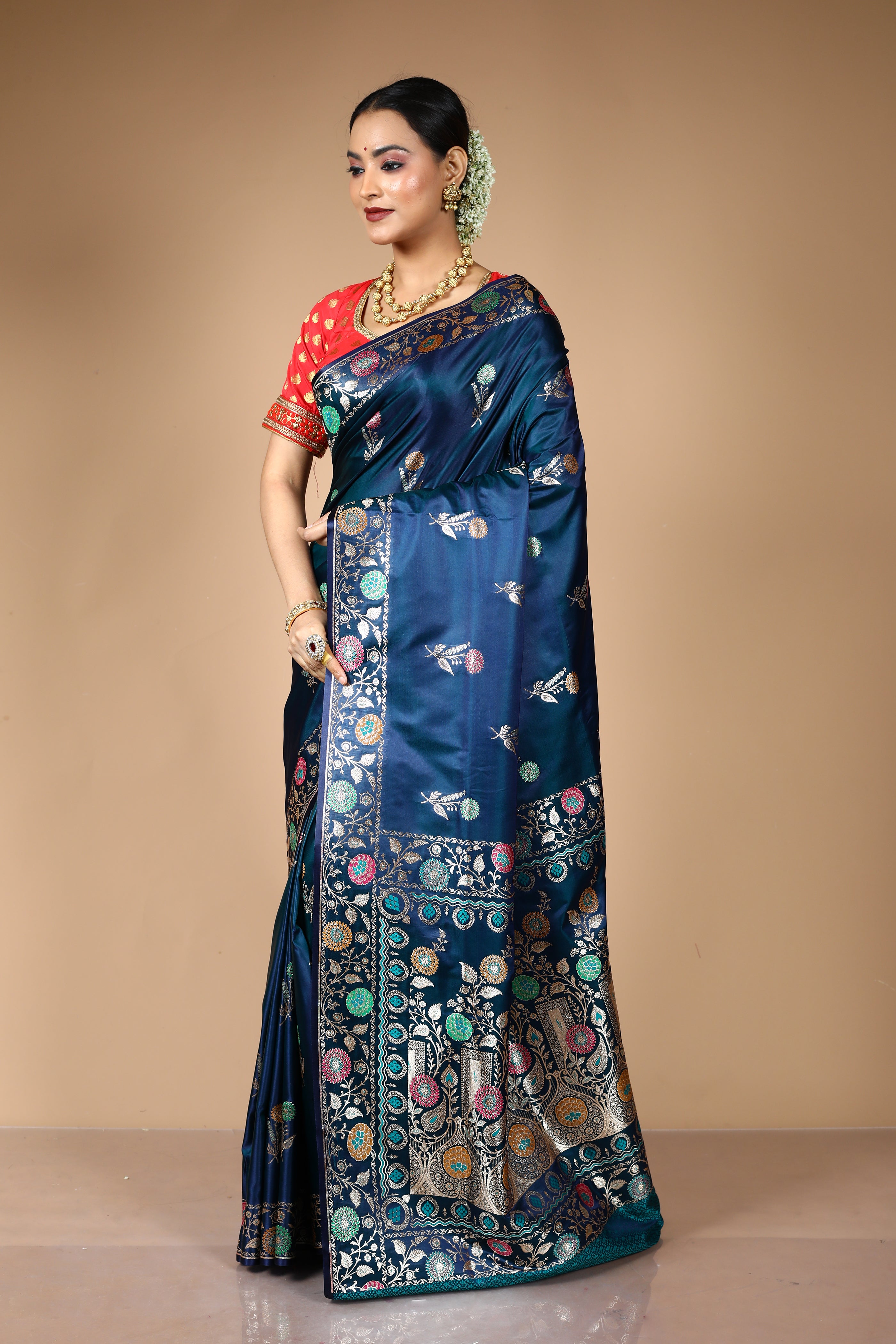Blue Blended Satin Banarasi Saree
