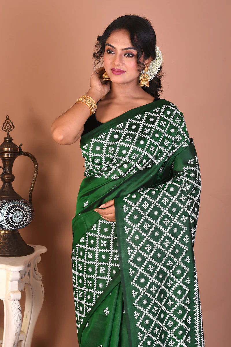 Bottle Green Pure Katha Stitch Saree - Keya Seth Exclusive