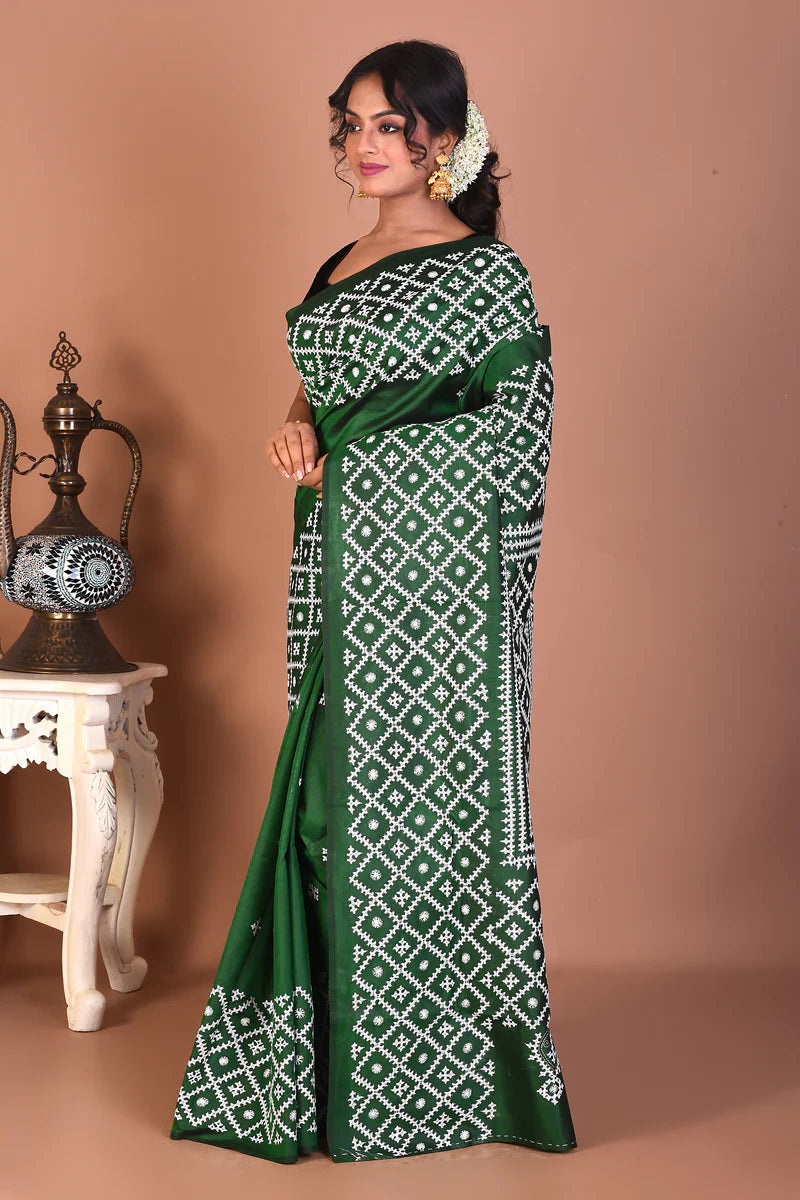 Bottle Green Pure Katha Stitch Saree - Keya Seth Exclusive