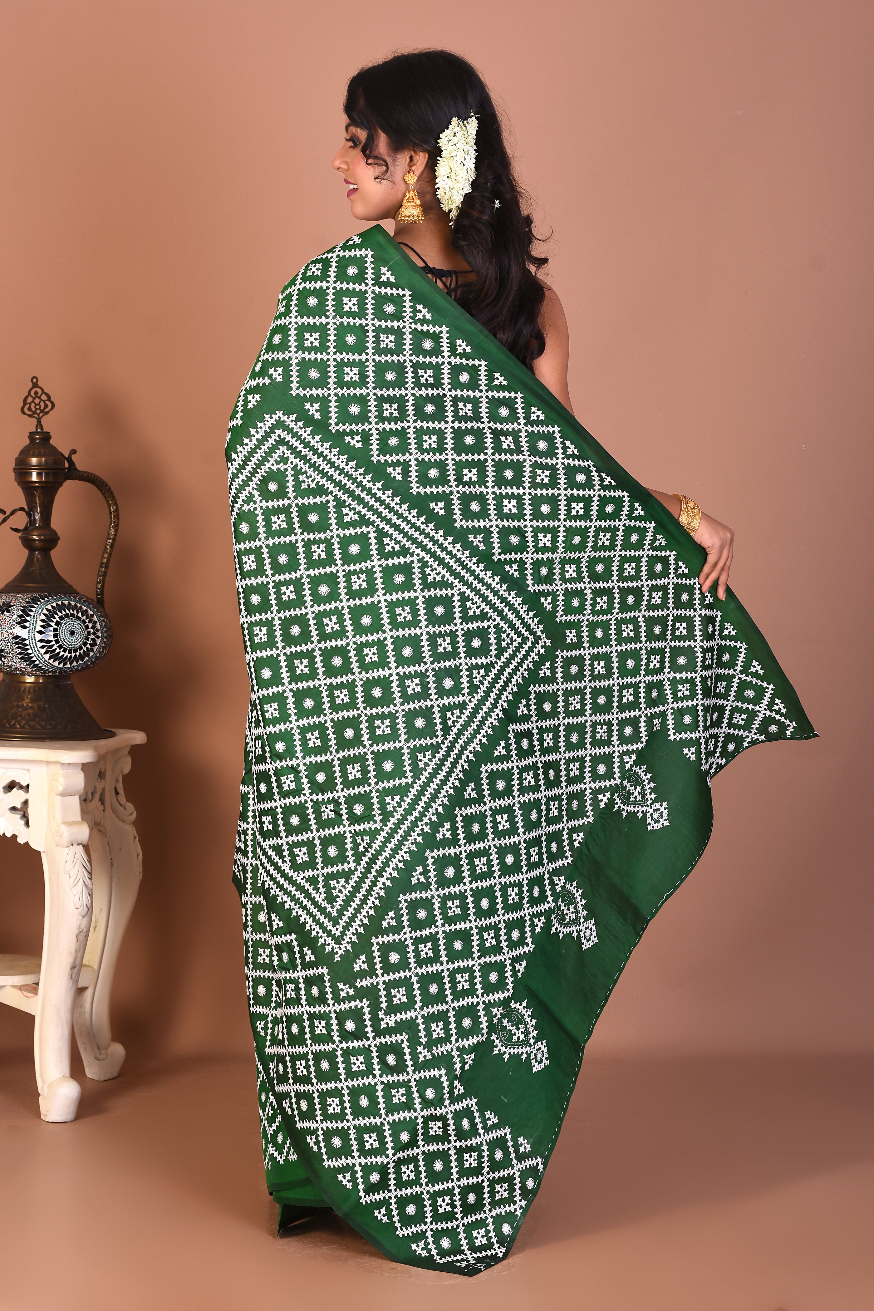 Bottle Green Pure Katha Stitch Saree - Keya Seth Exclusive