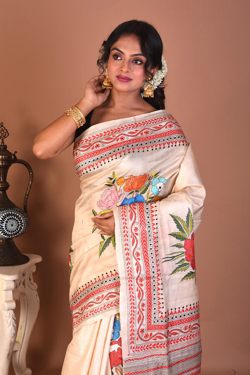 Beige Pure Katha Stitch Saree - Keya Seth Exclusive