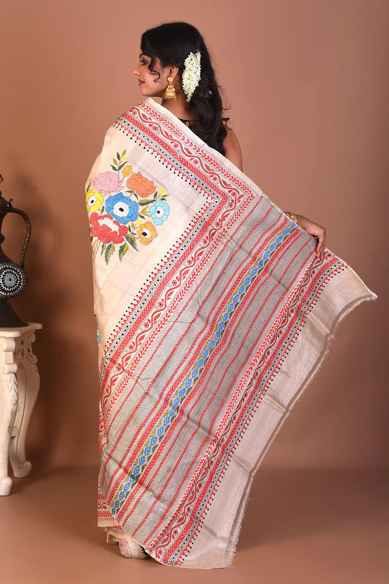 Beige Pure Katha Stitch Saree - Keya Seth Exclusive