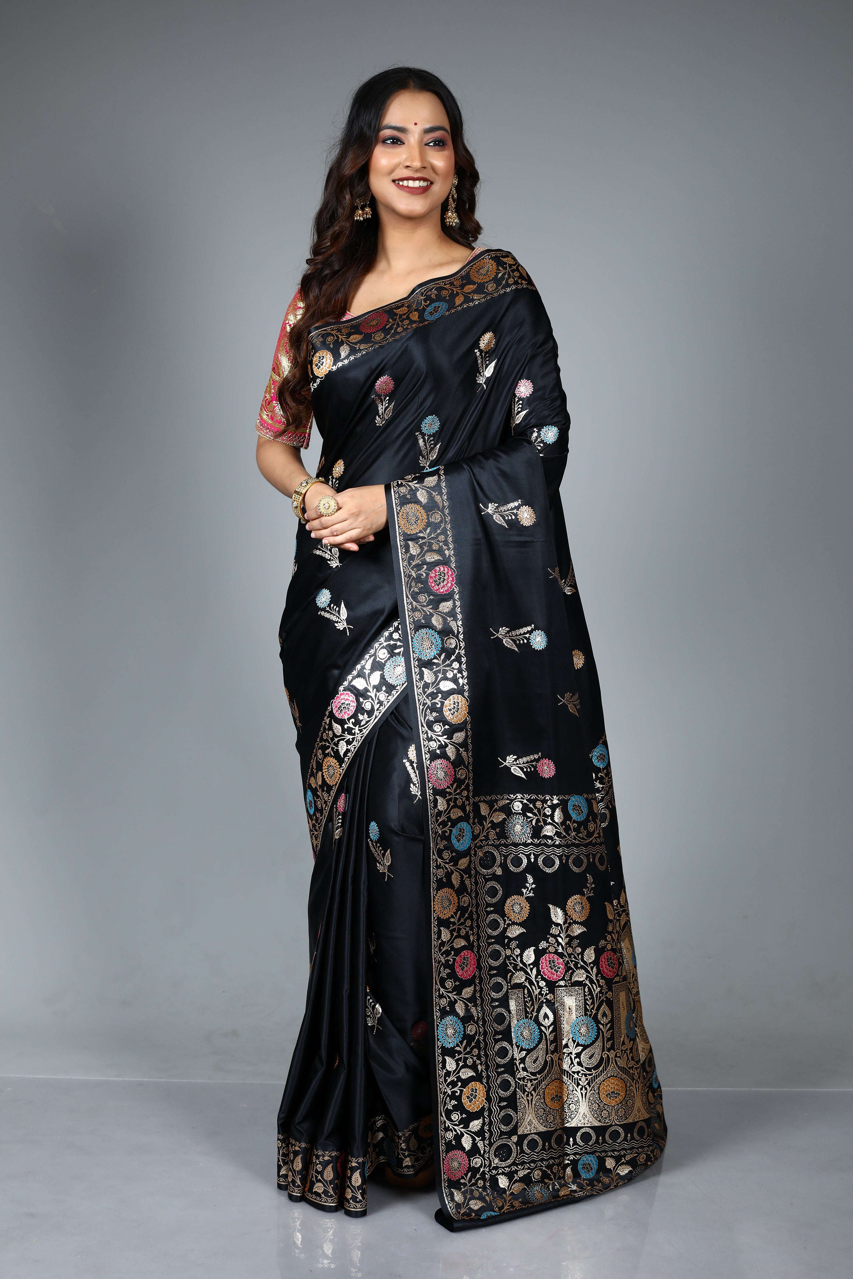 Black Blended Satin Silk Saree