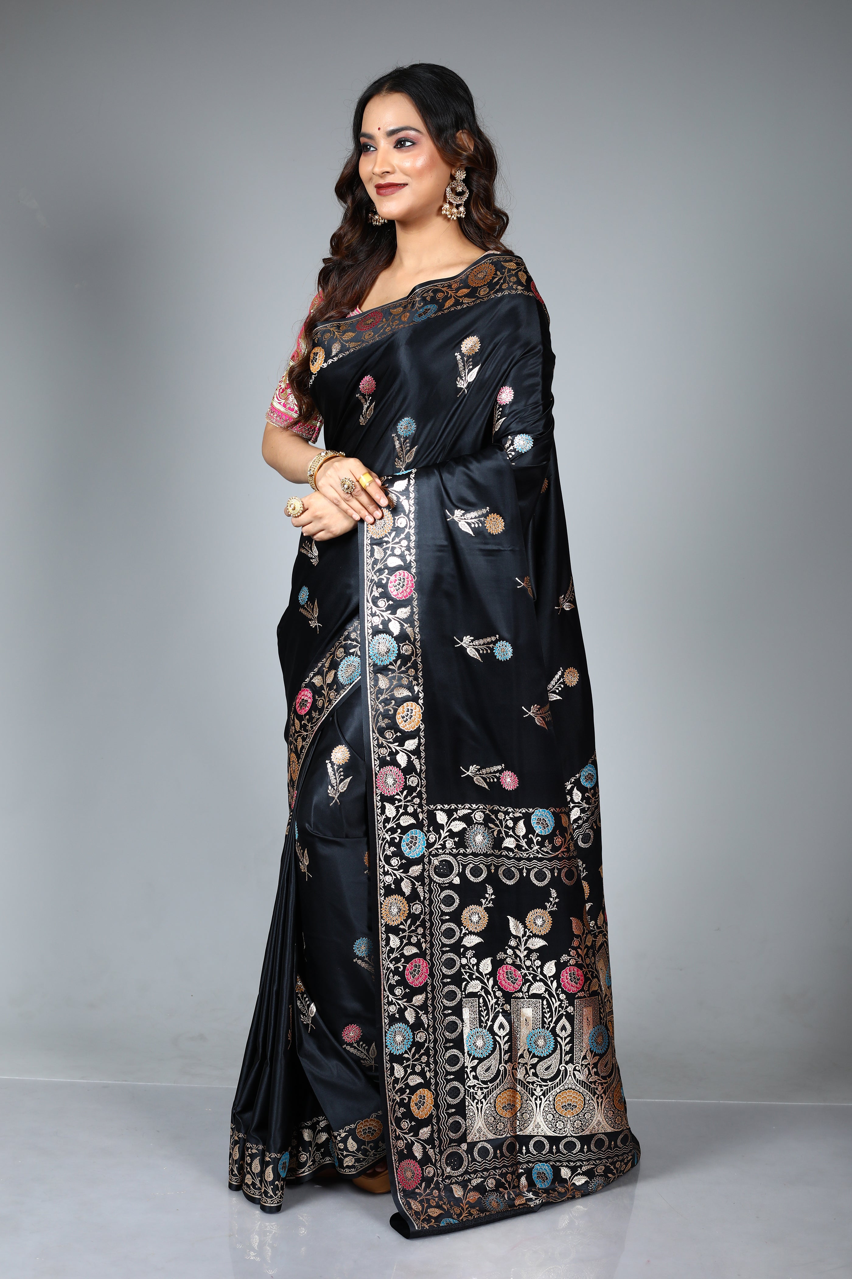 Black Blended Satin Silk Saree