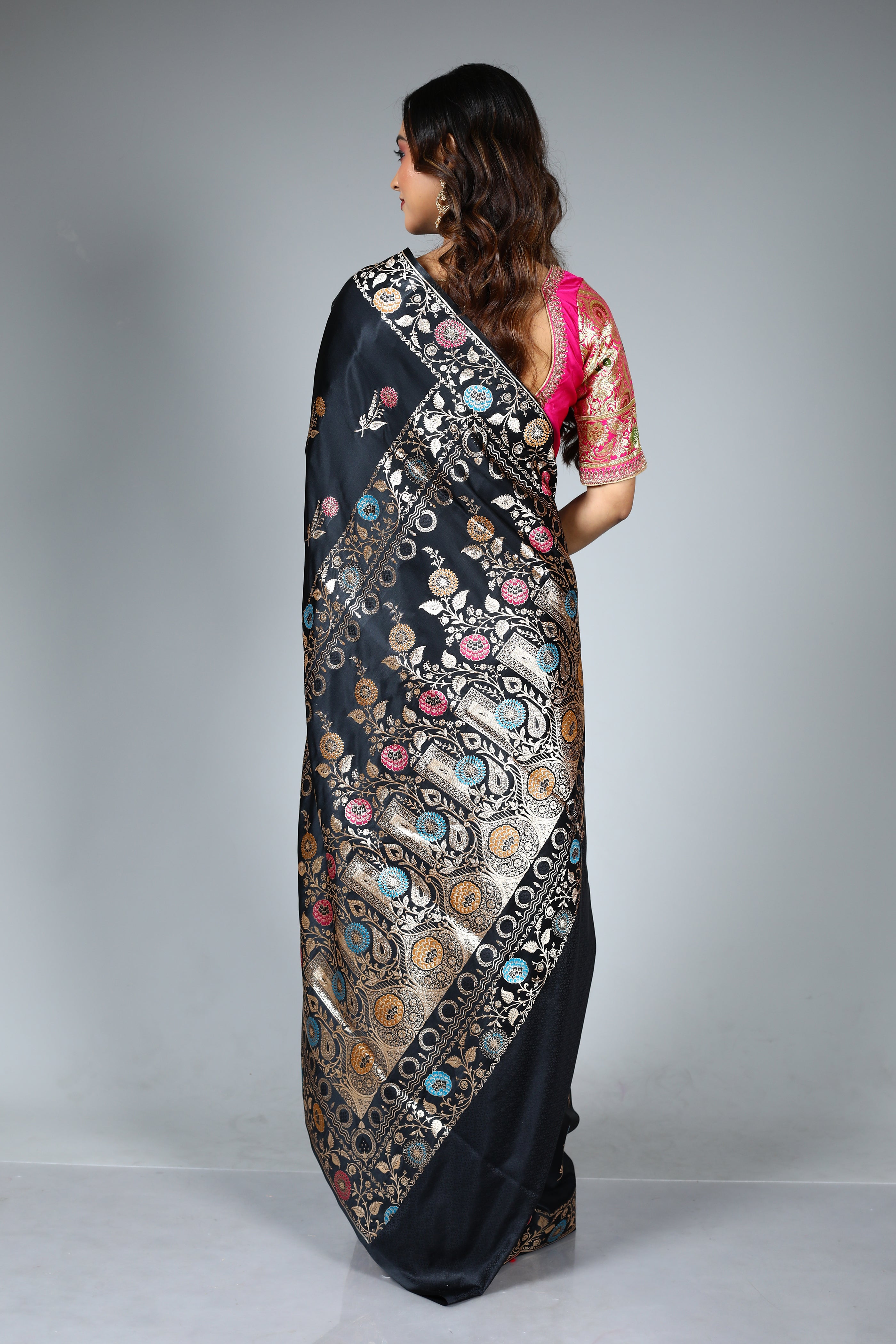 Black Blended Satin Silk Saree