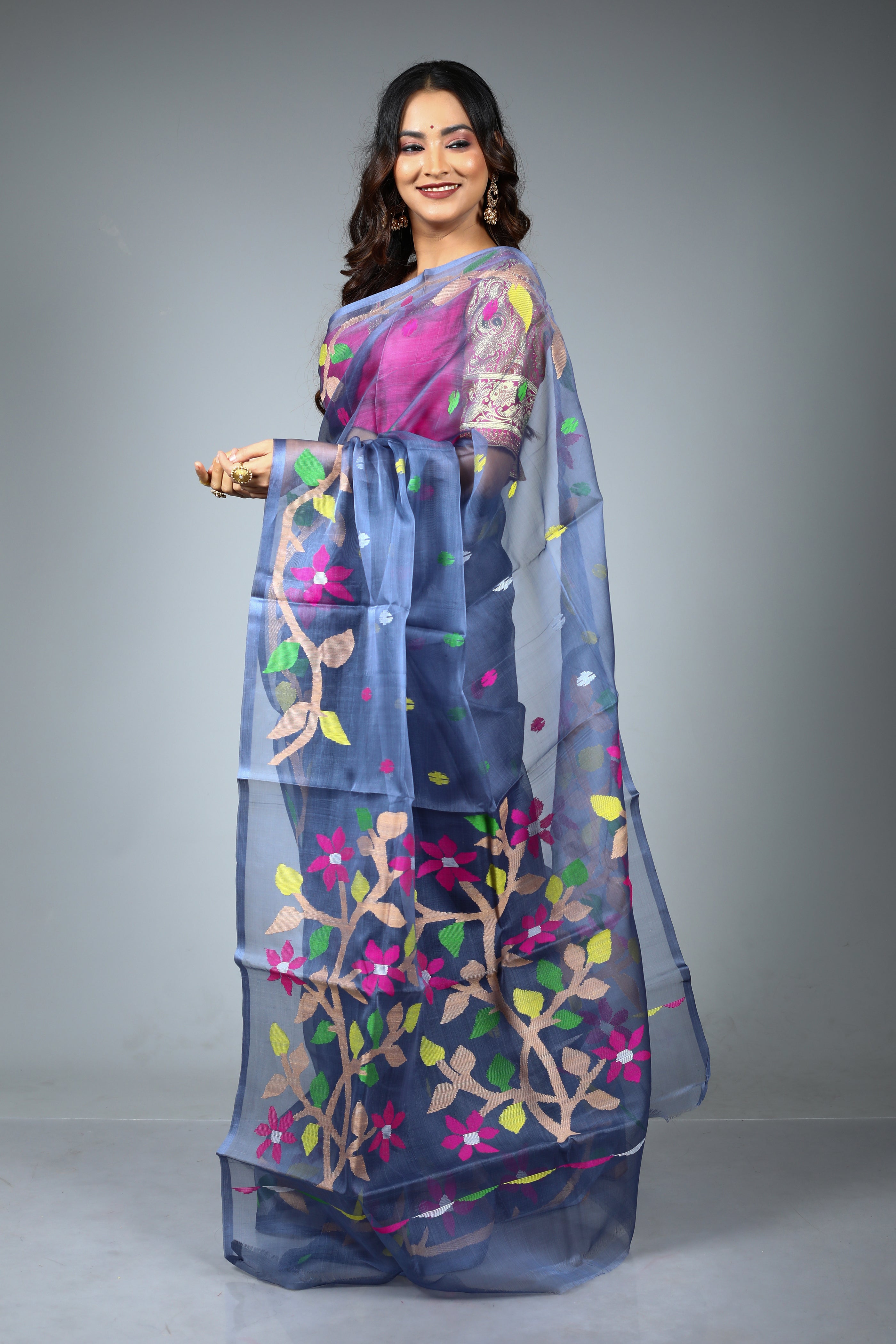 Grey Pure Muslin Saree