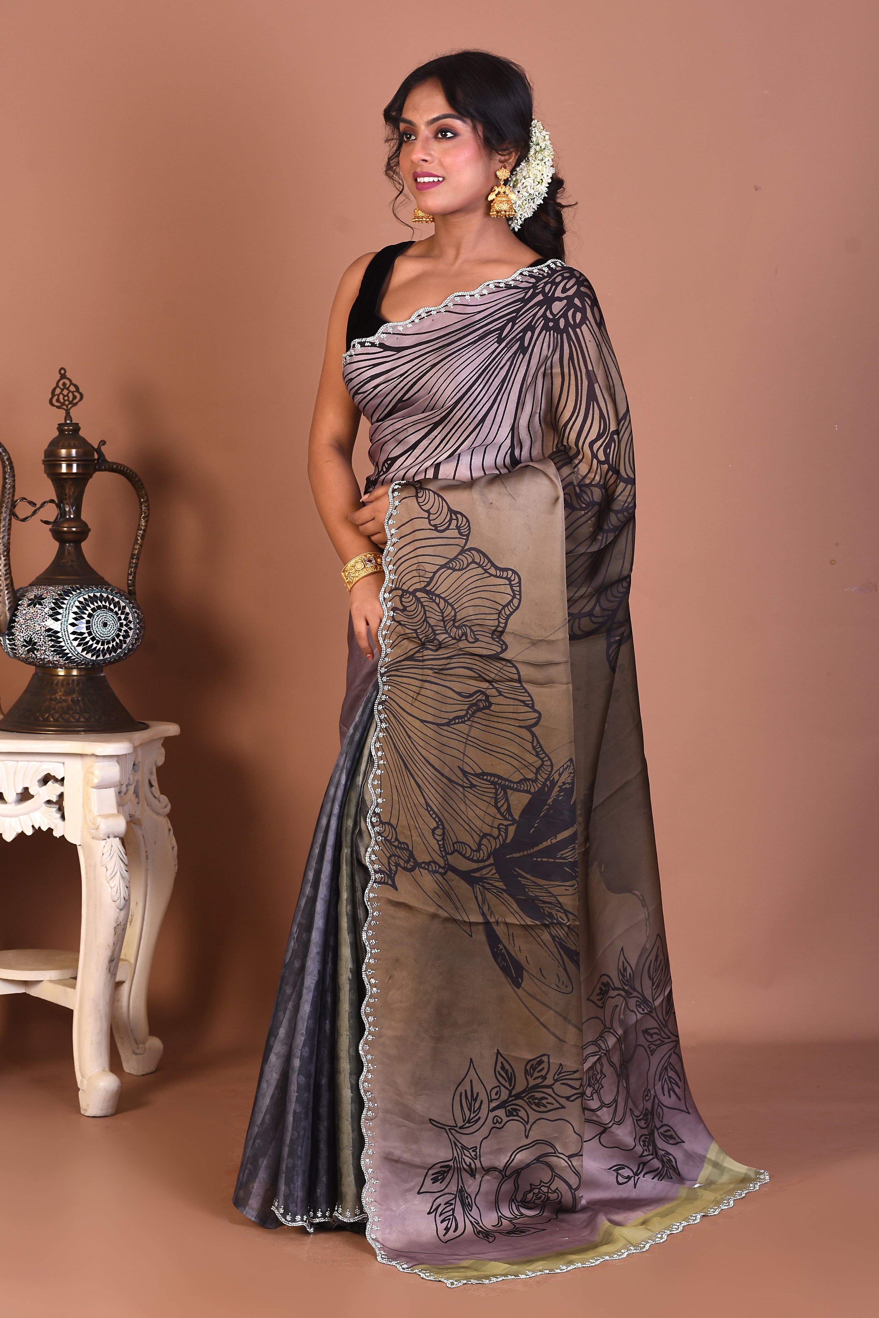Designer Olive Blended Satin Silk Saree - Keya Seth Exclusive