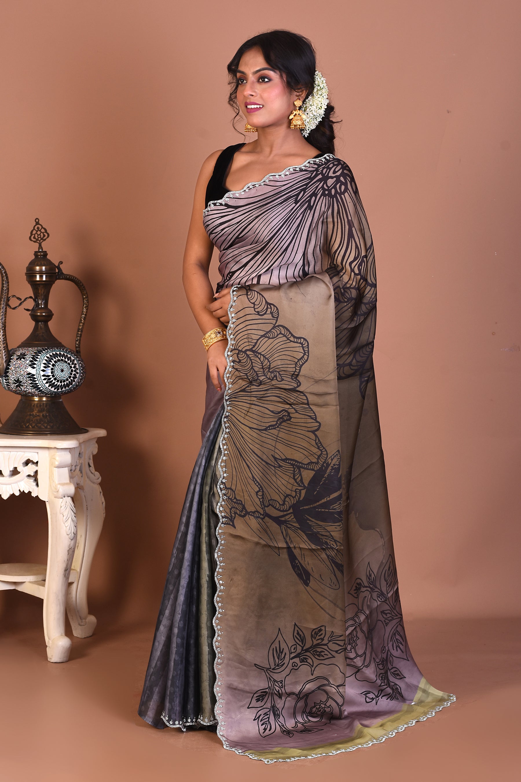 Designer Olive Blended Satin Silk Saree - Keya Seth Exclusive