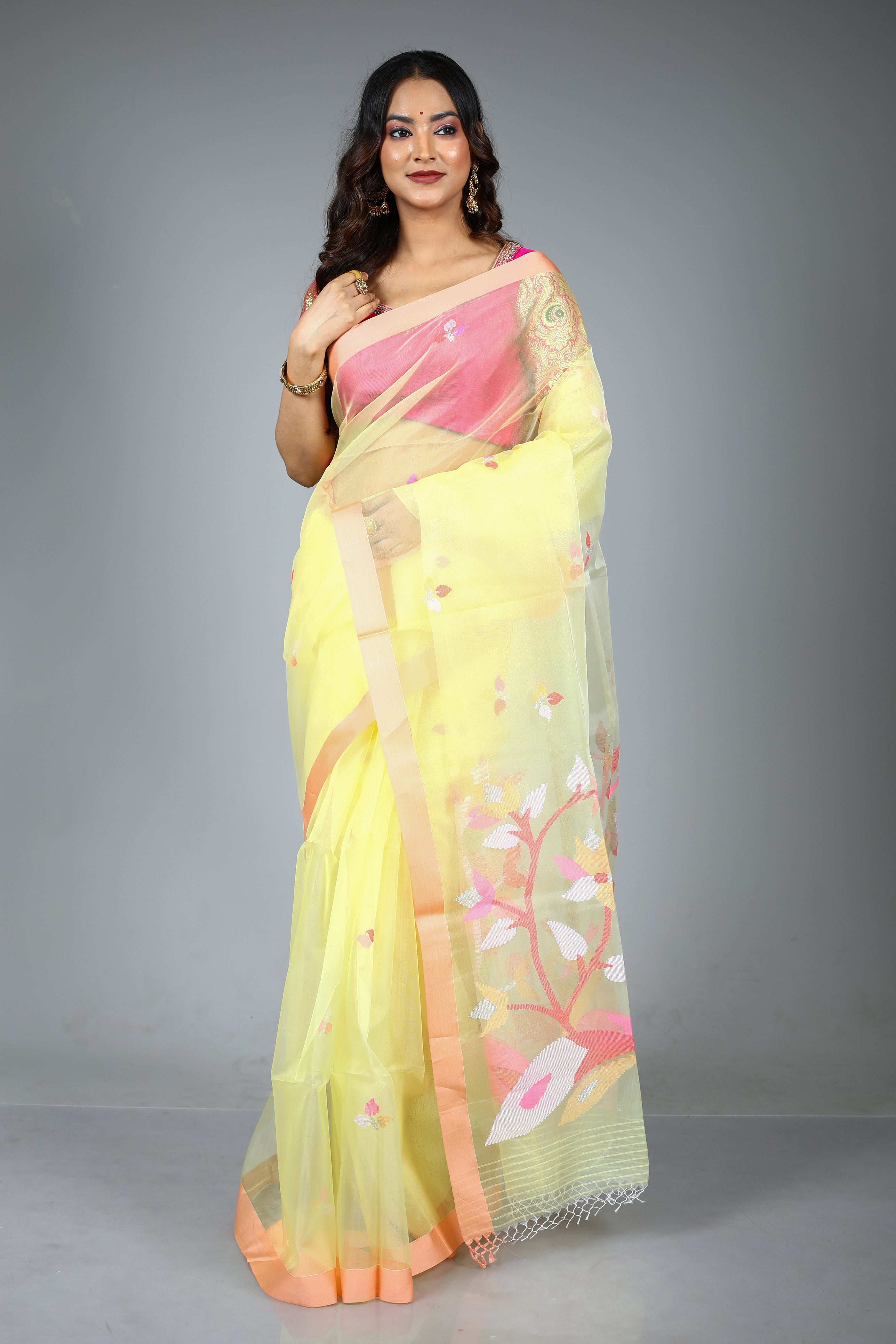 Lemon Yellow Pure Muslin Saree