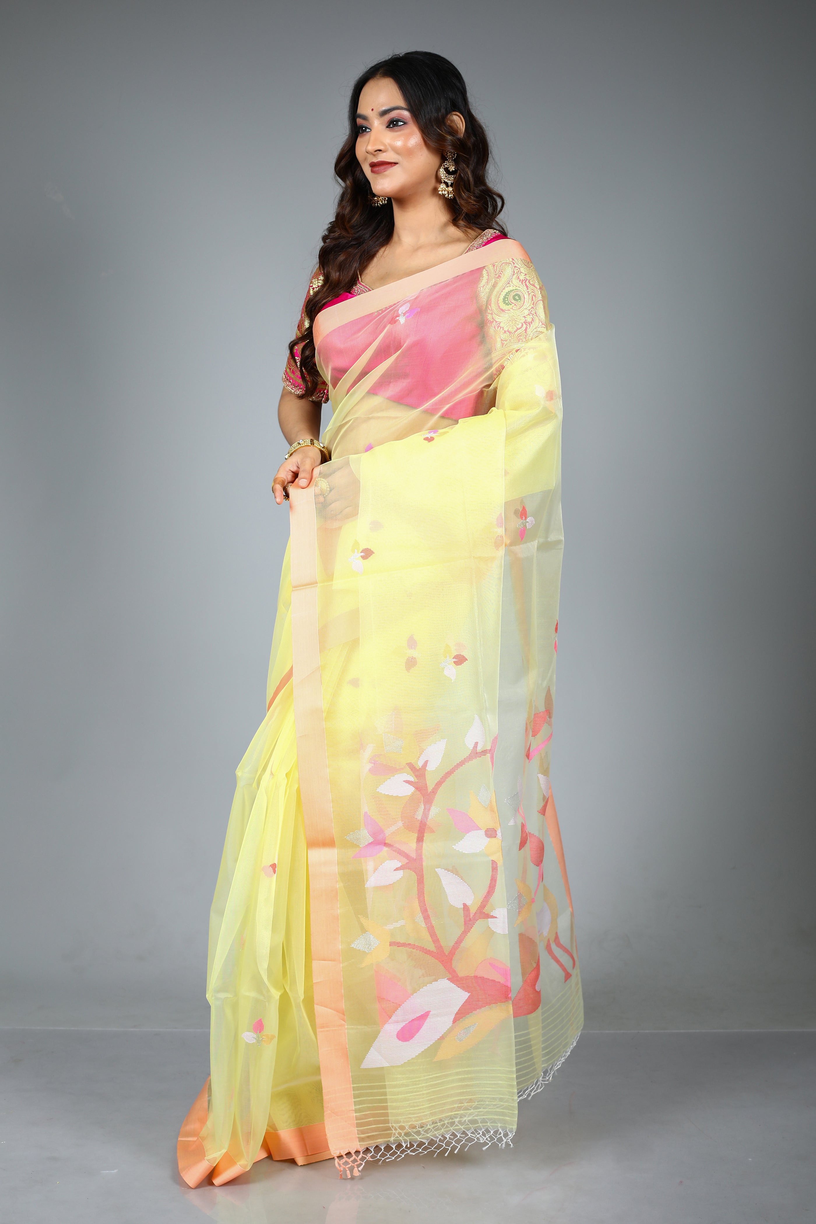 Lemon Yellow Pure Muslin Saree