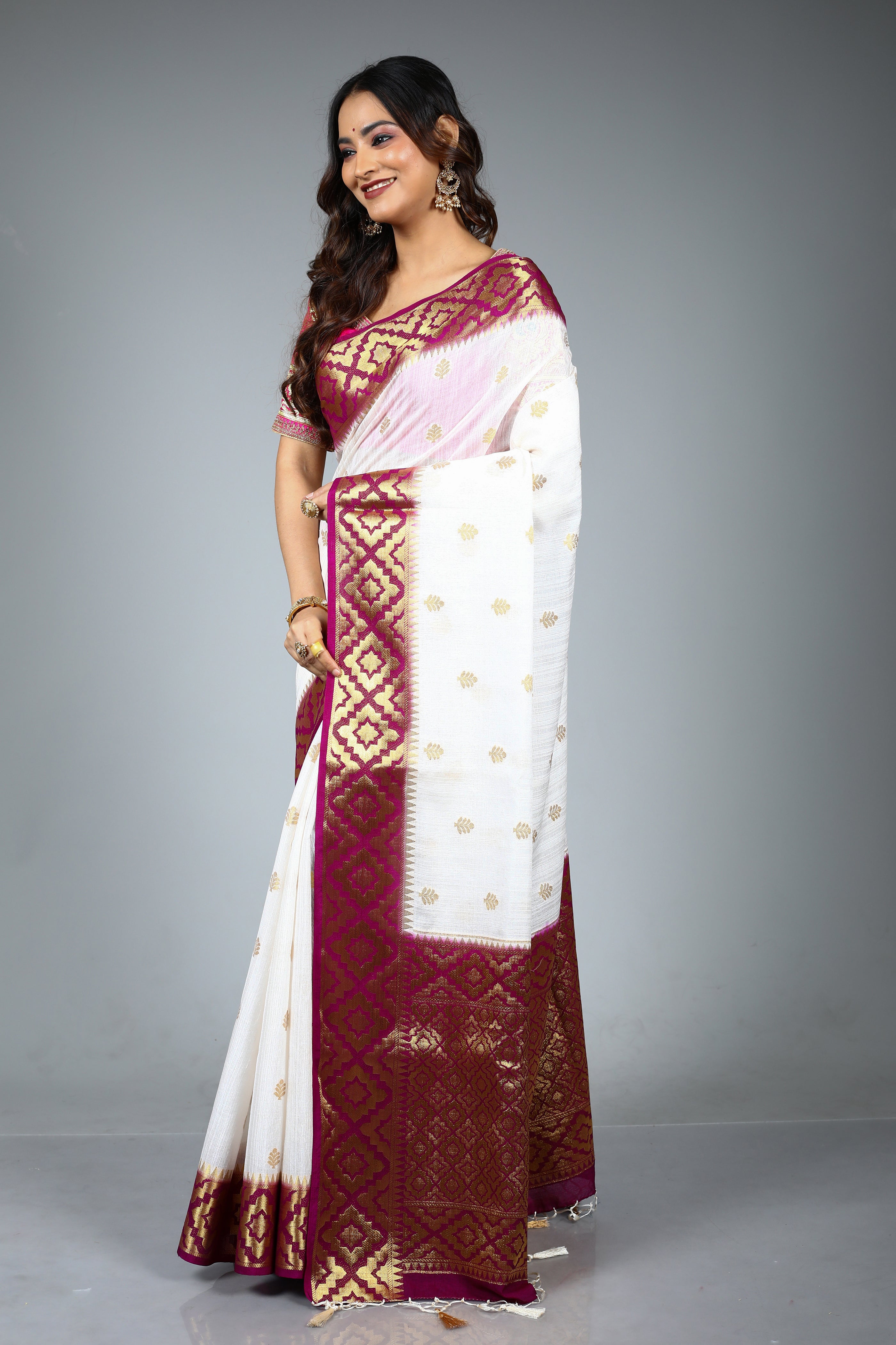 White Blended Matka Saree
