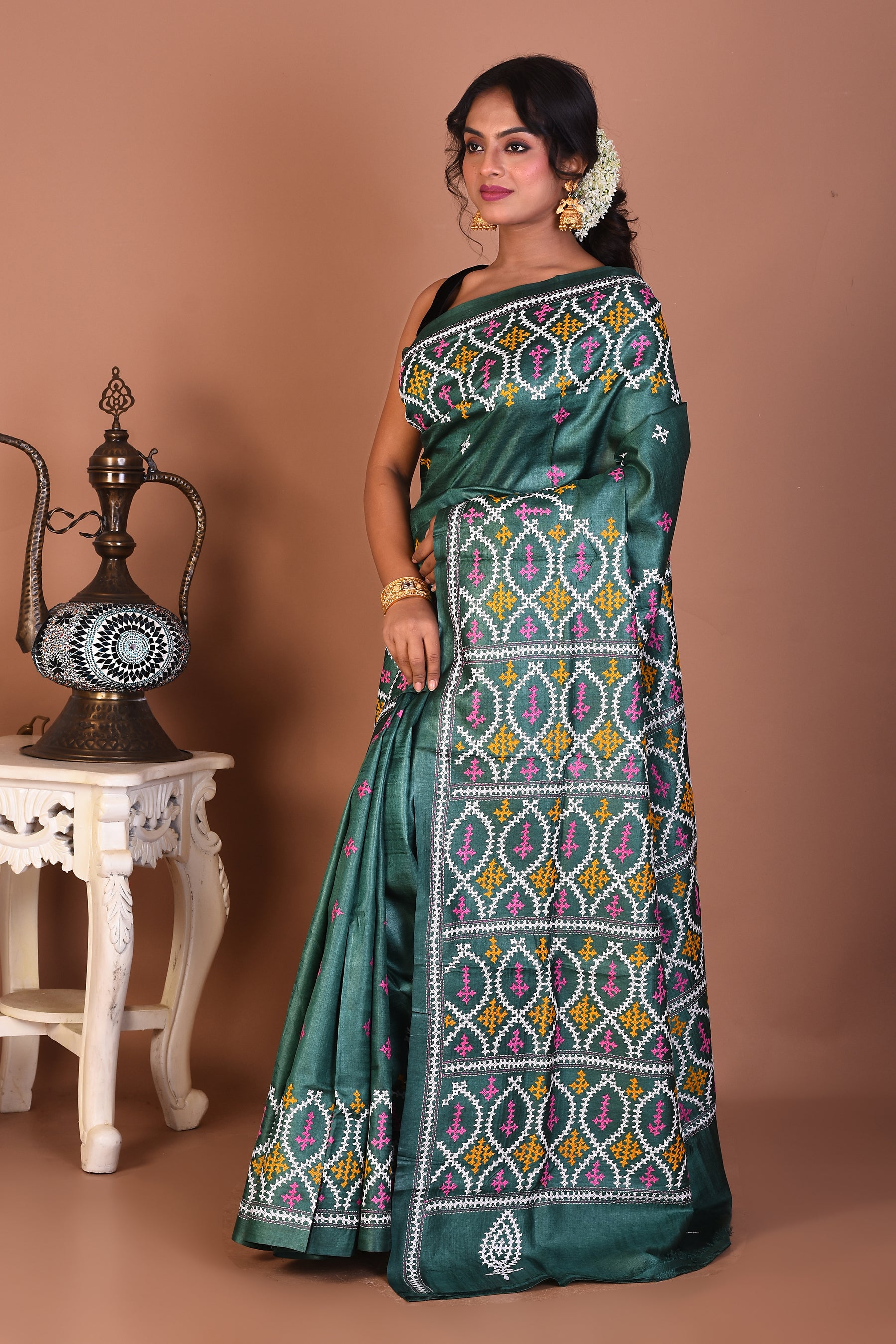 Rama Green Pure Katha Stitch Saree - Keya Seth Exclusive