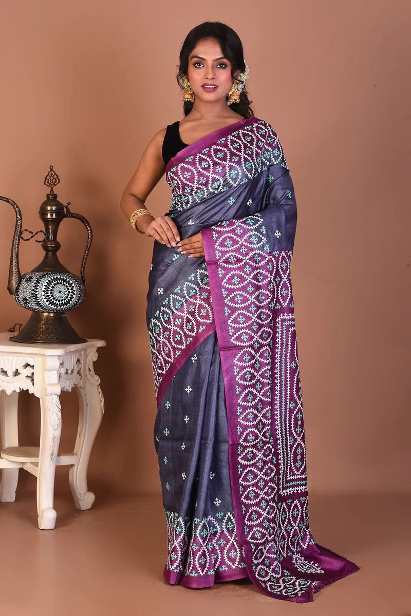 Grey Pure Katha Stitch Saree - Keya Seth Exclusive