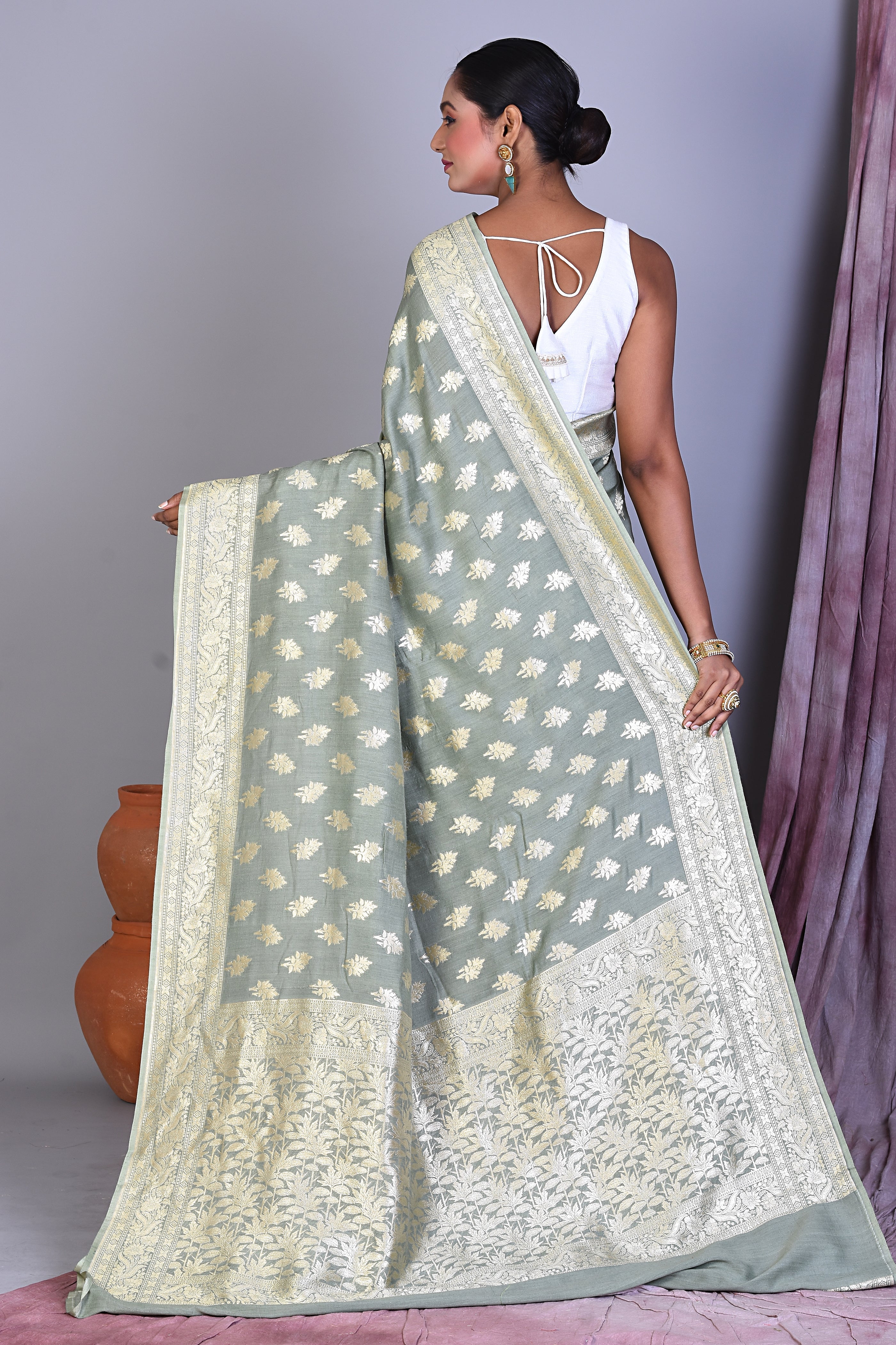 Pesta Green Pure Muga Saree with Golden Zari - Keya Seth Exclusive