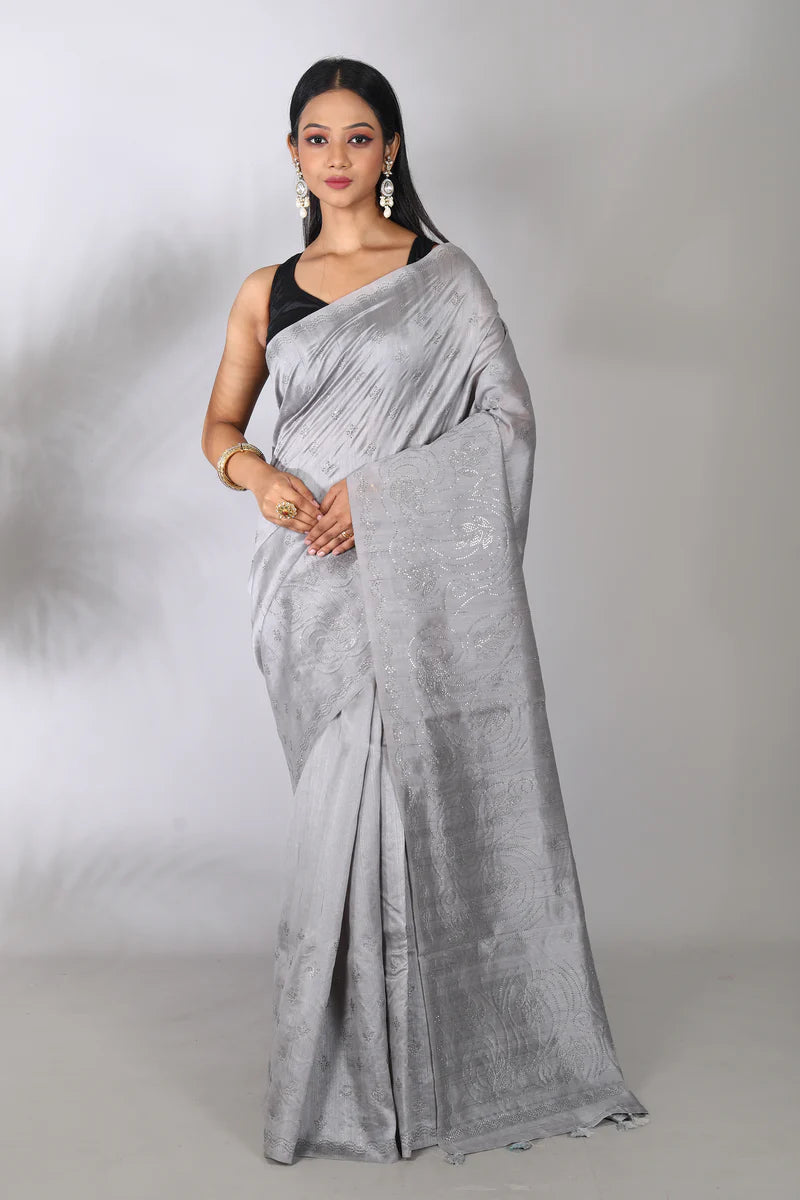 Grey Blended Tussar Silk Saree - Keya Seth Exclusive