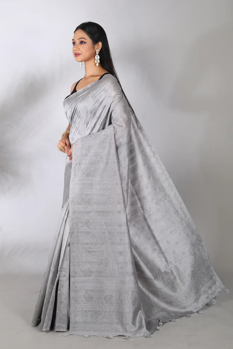 Grey Blended Tussar Silk Saree - Keya Seth Exclusive