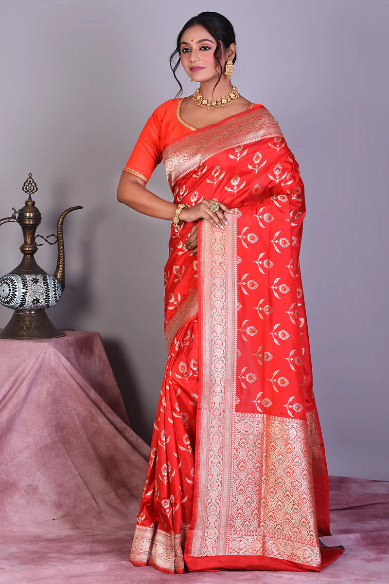 Red Pure Katan Saree with Zari Work - Keya Seth Exclusive