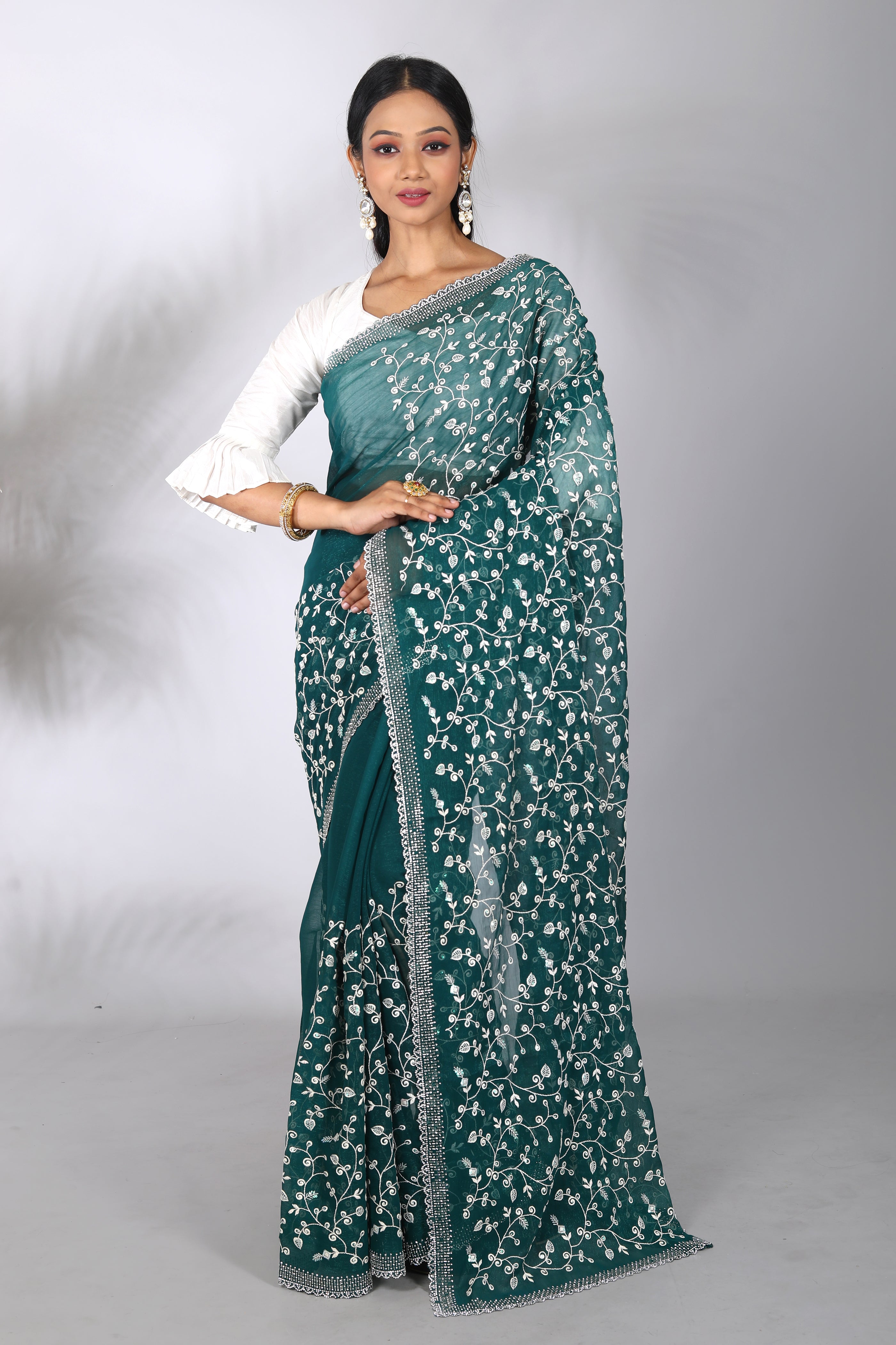 Deep Green Blended Georgette Saree - Keya Seth Exclusive