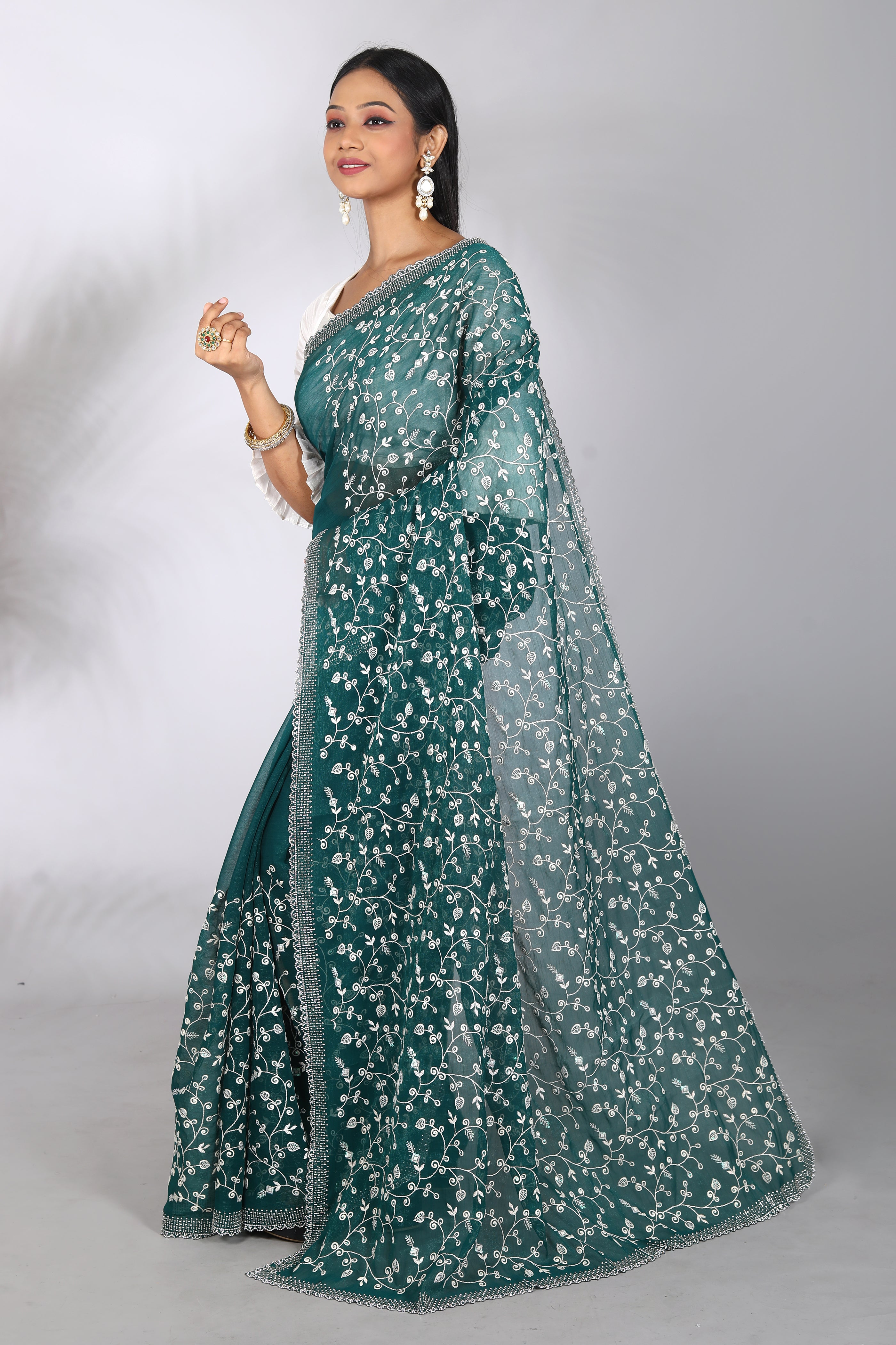 Deep Green Blended Georgette Saree - Keya Seth Exclusive
