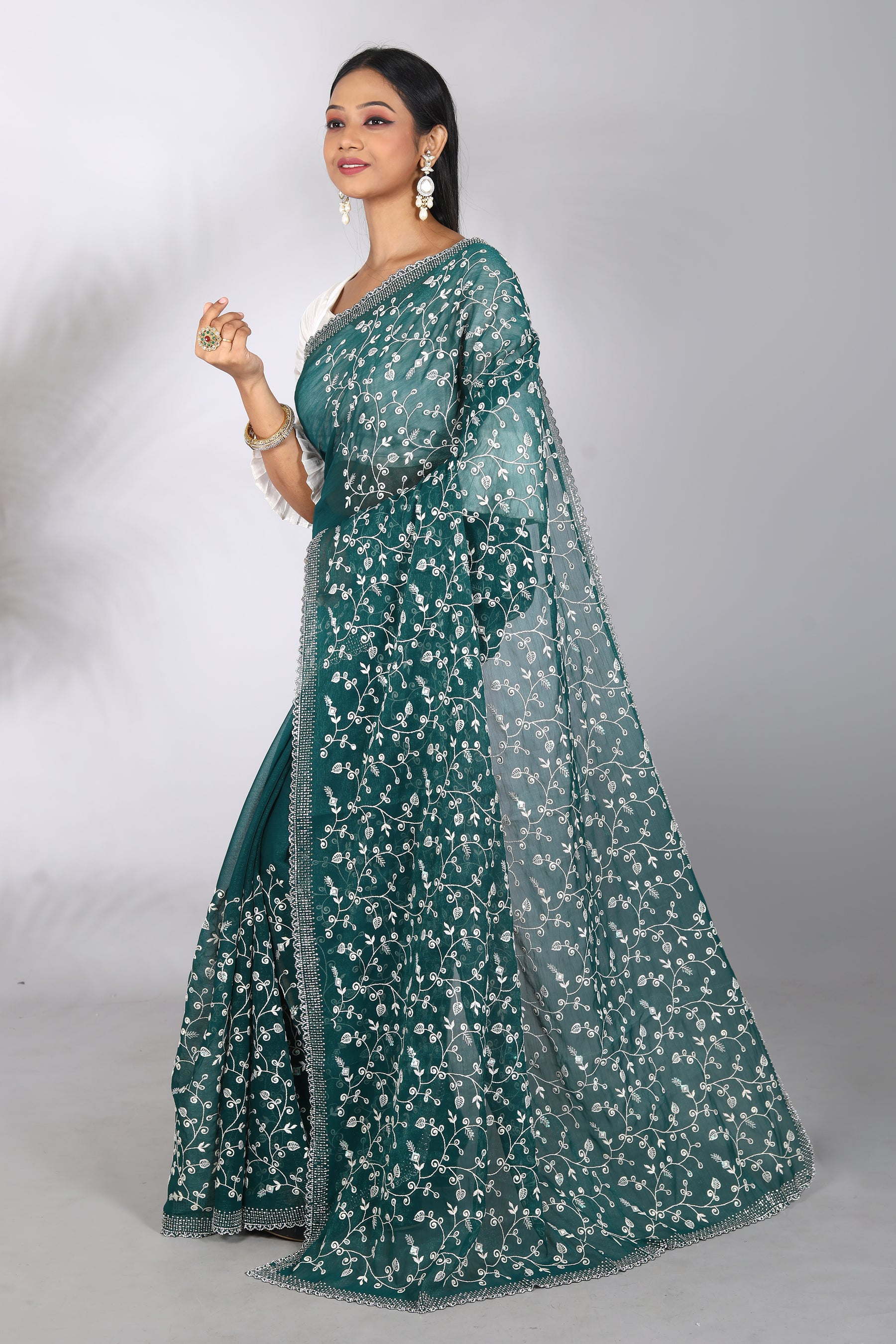 Deep Green Blended Georgette Saree - Keya Seth Exclusive