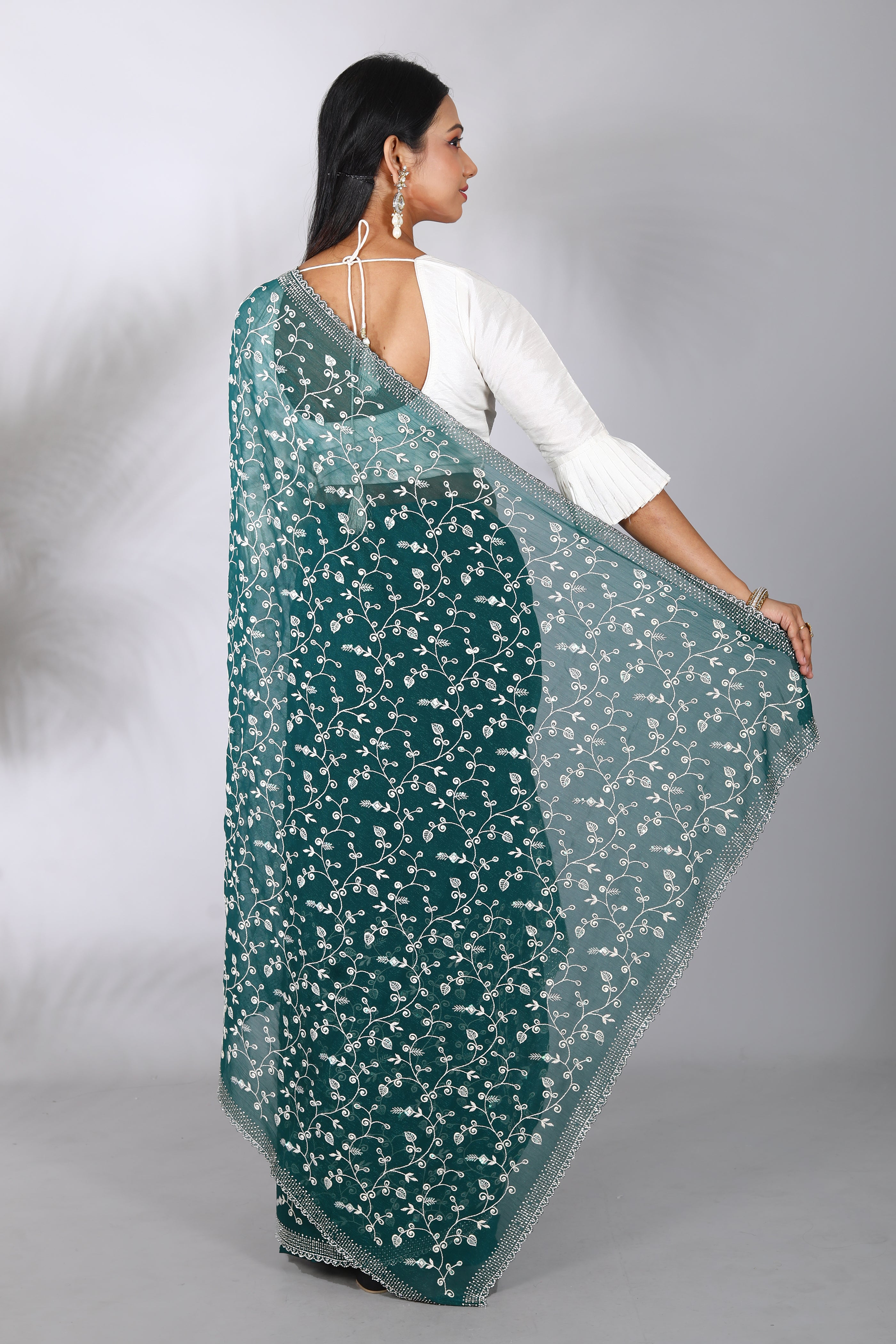 Deep Green Blended Georgette Saree - Keya Seth Exclusive