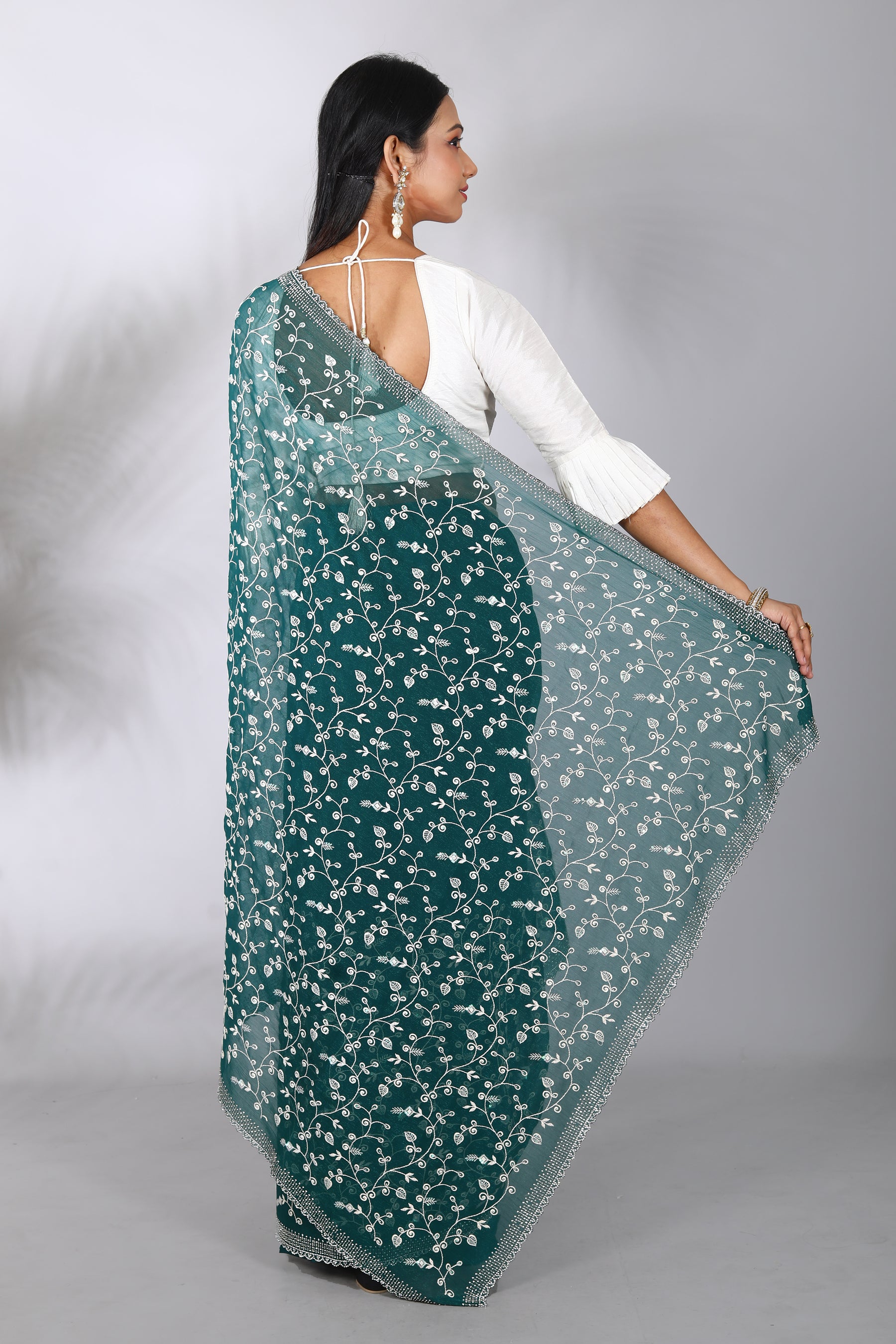 Deep Green Blended Georgette Saree - Keya Seth Exclusive
