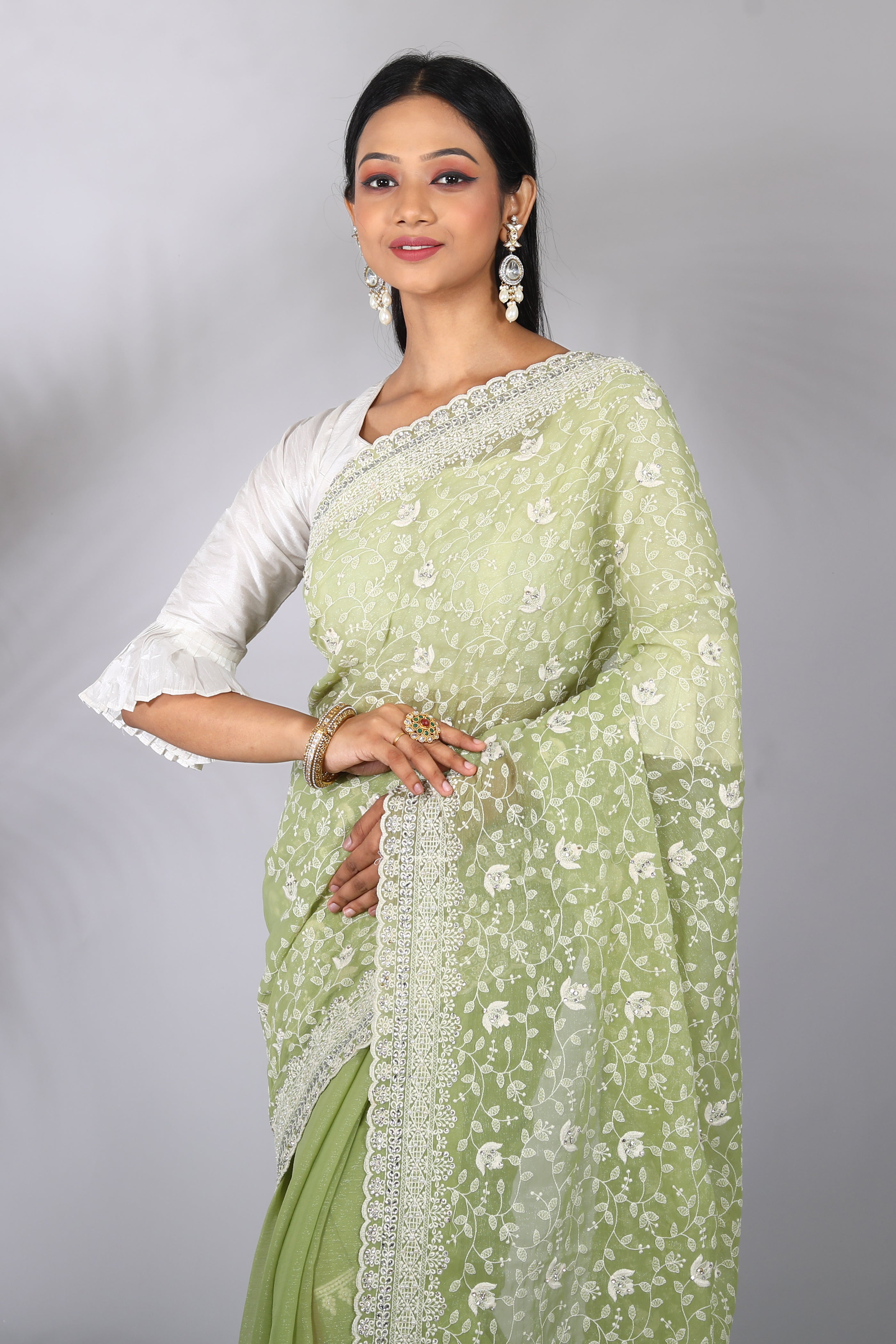 Light Green Blended Georgette Saree - Keya Seth Exclusive