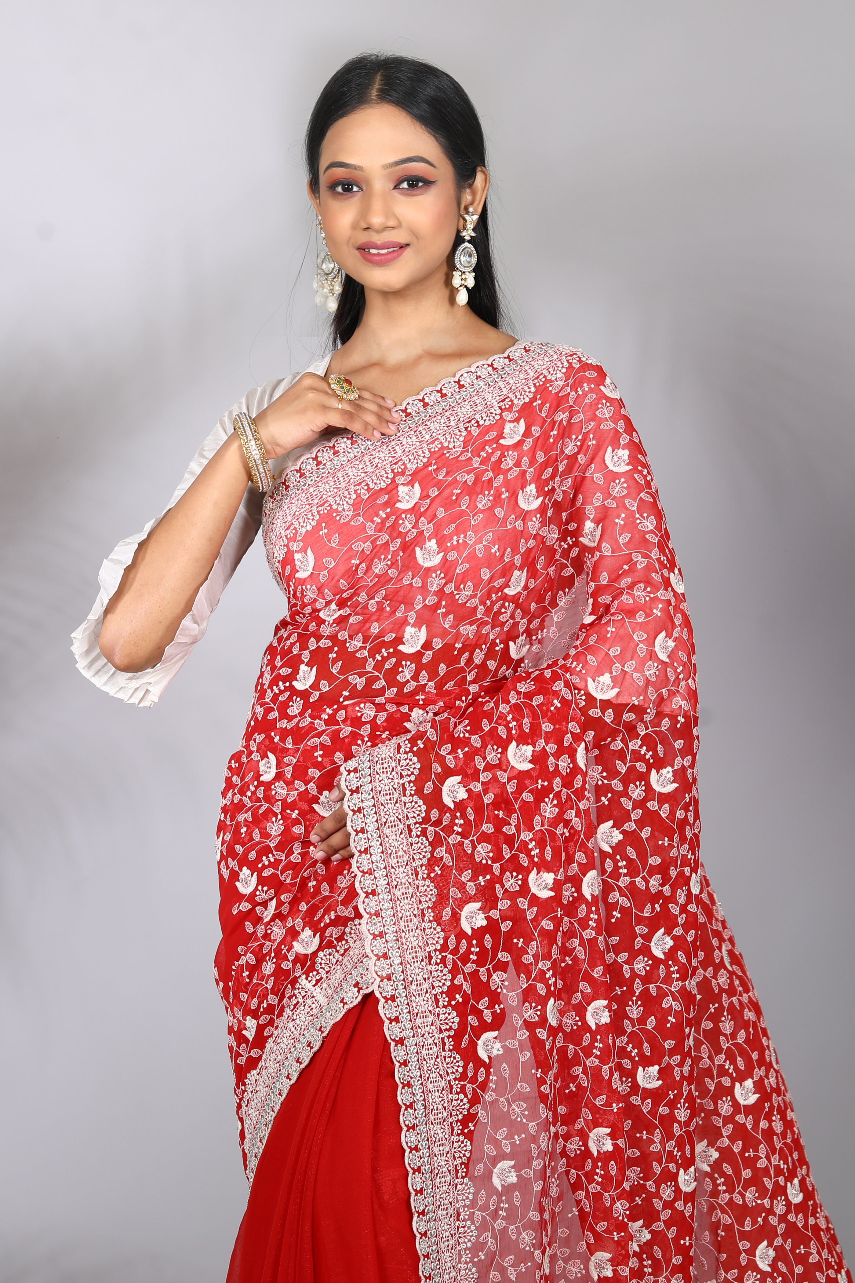 Red Blended Georgette Saree - Keya Seth Exclusive