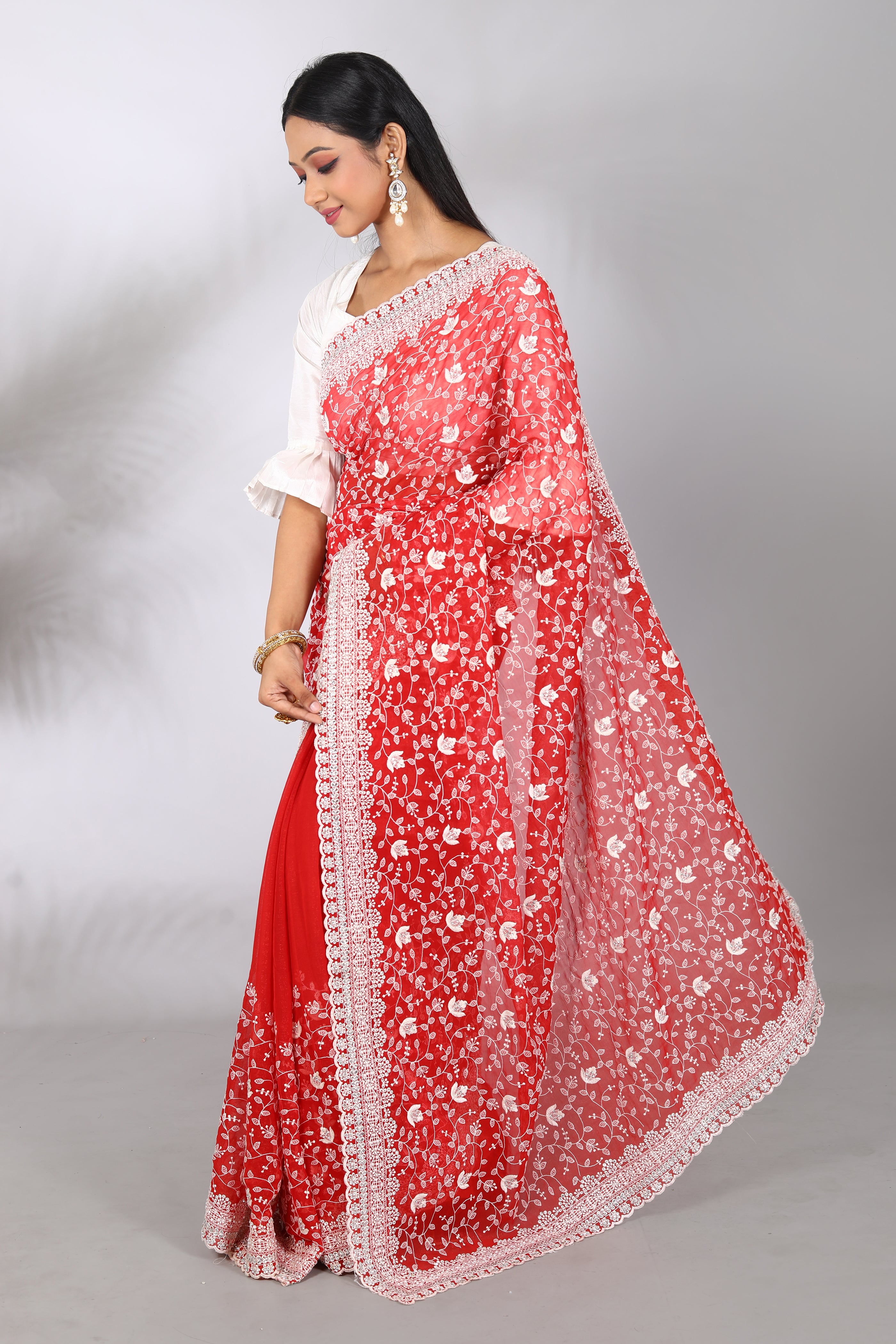 Red Blended Georgette Saree - Keya Seth Exclusive