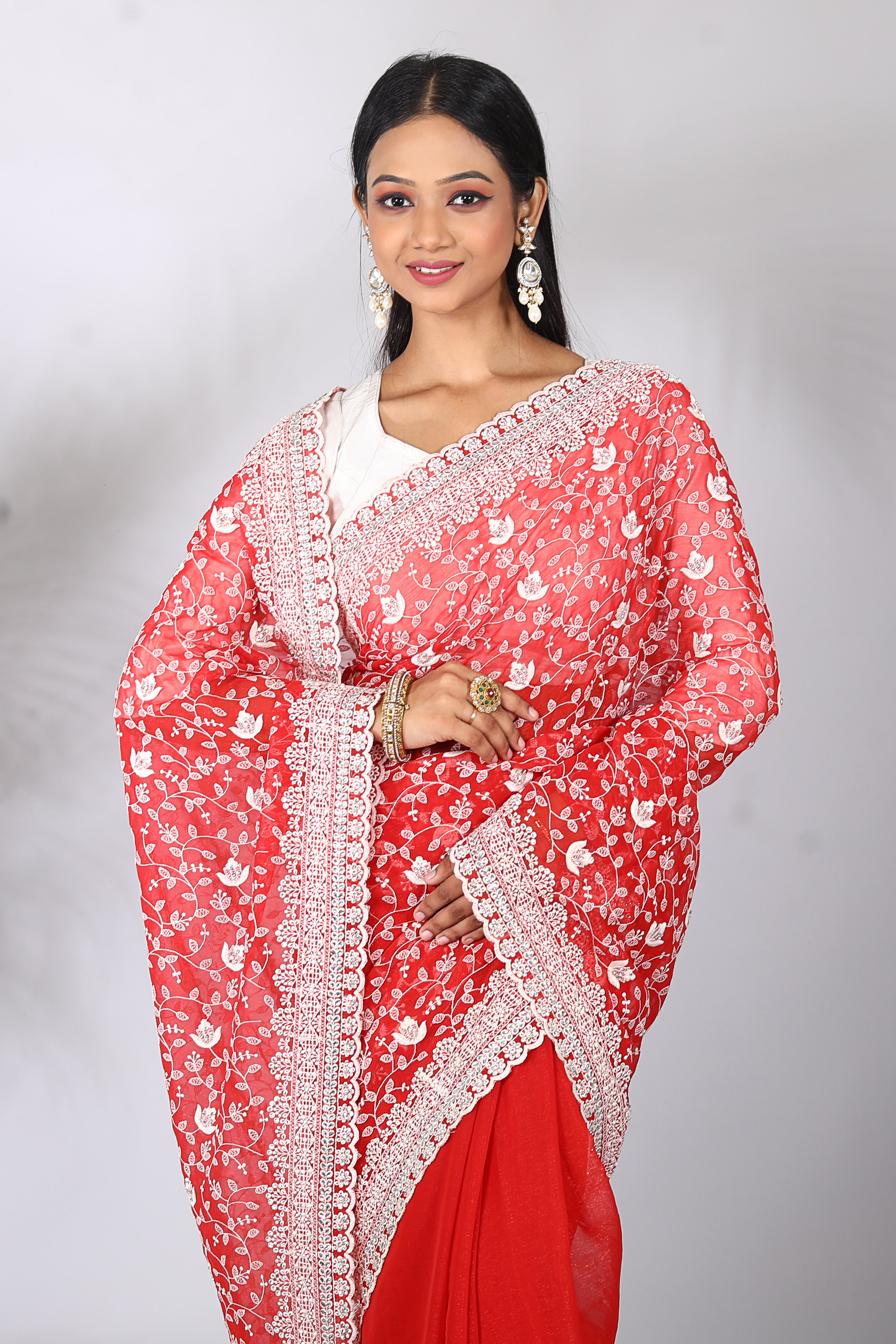 Red Blended Georgette Saree - Keya Seth Exclusive
