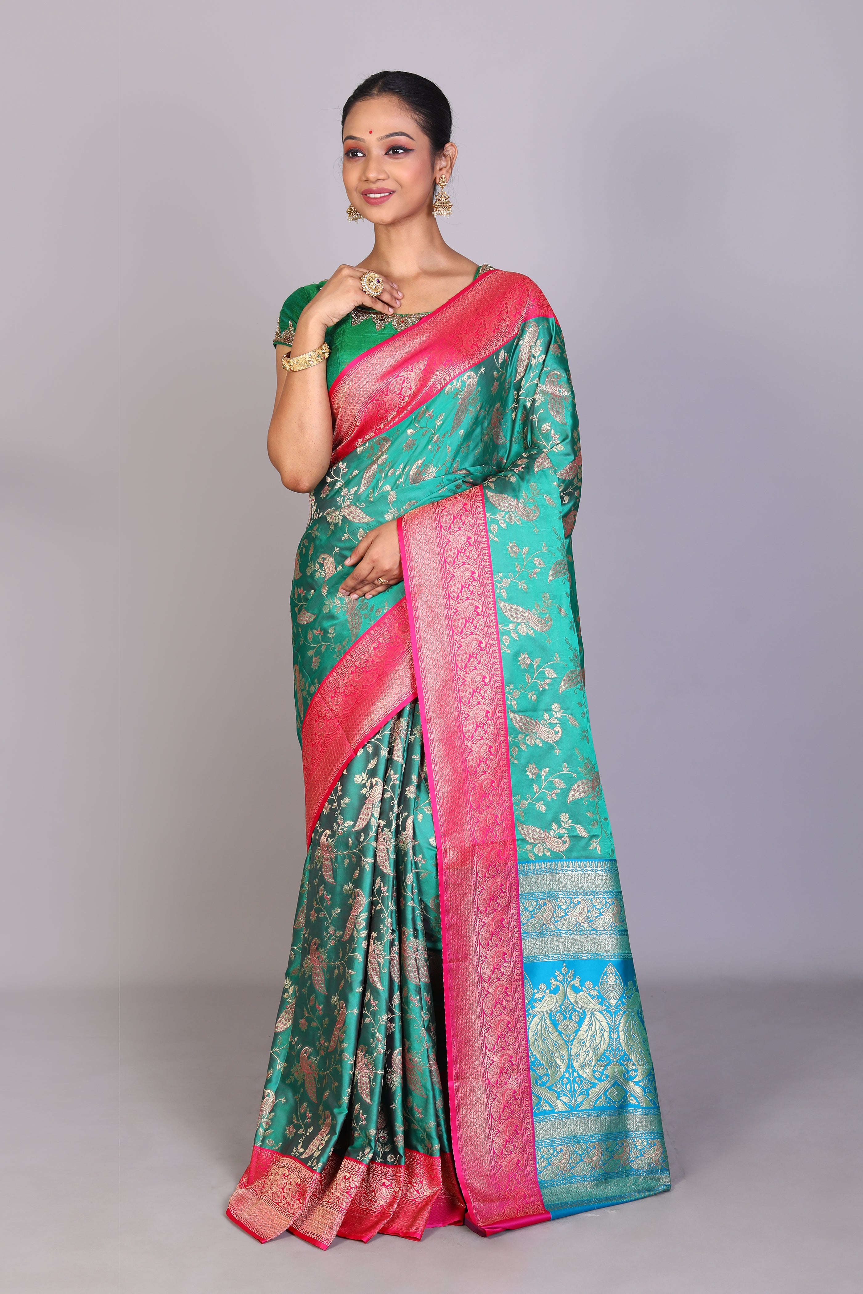 Rama Green Position Print Blended Silk Saree - Keya Seth Exclusive