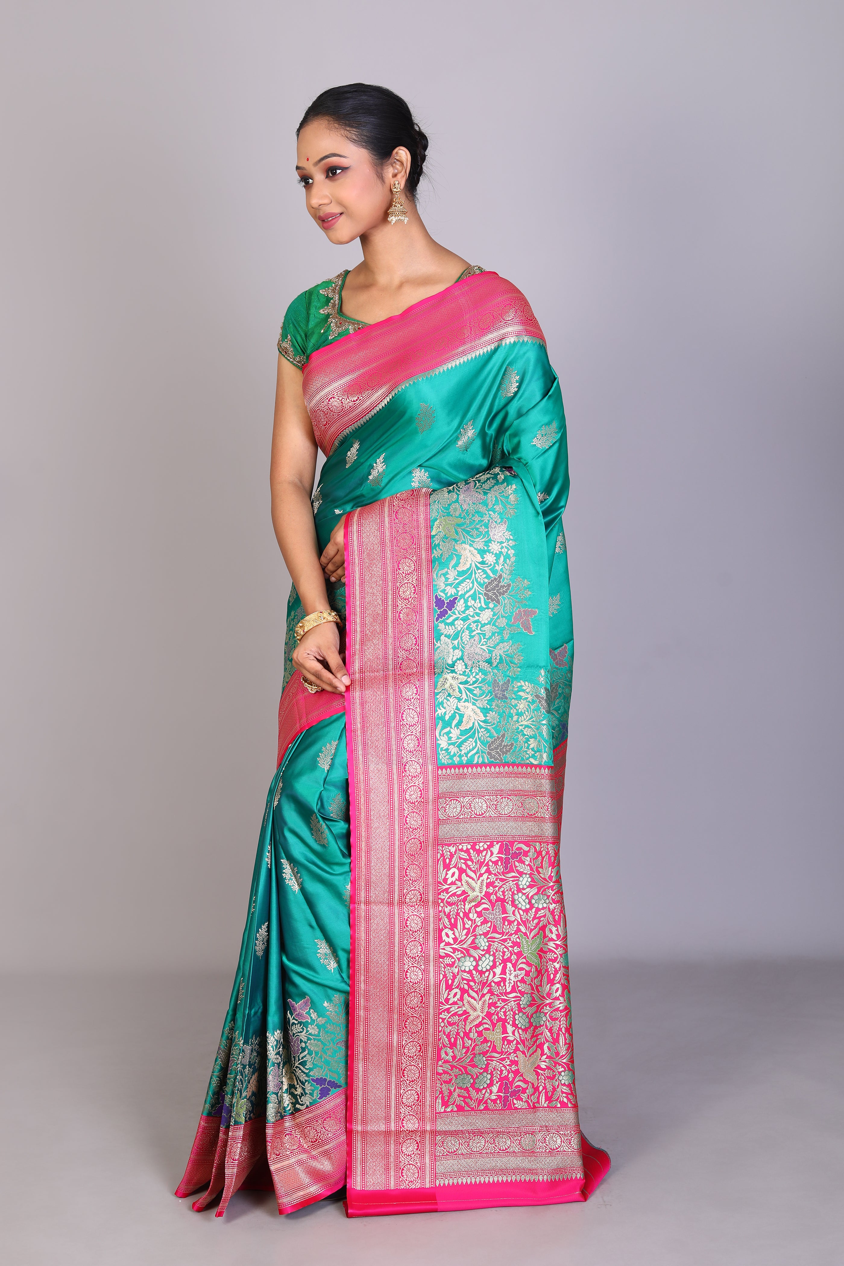 Rama Green Blended Satin Silk Saree - Keya Seth Exclusive