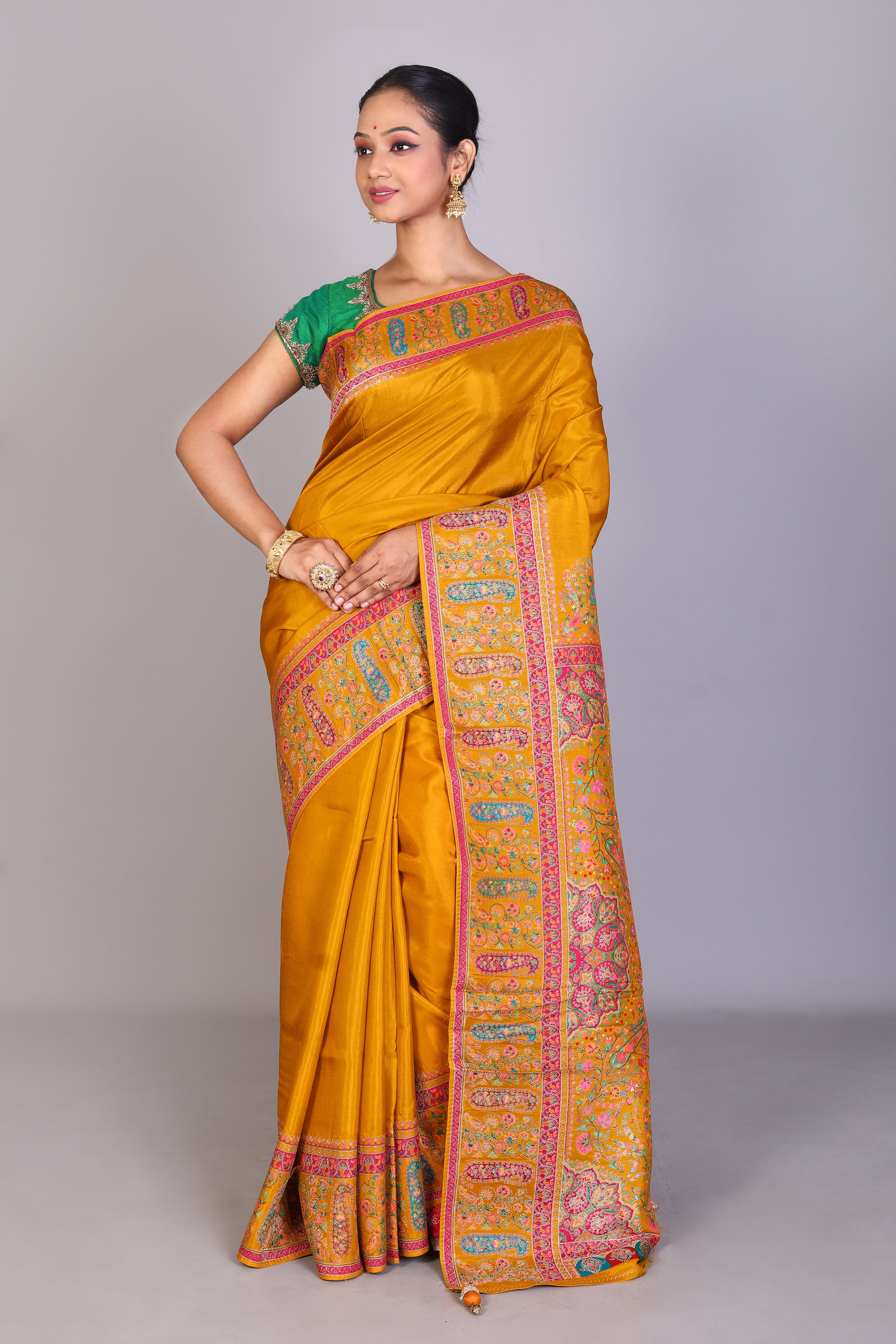 Mustard Blended Satin Silk Saree - Keya Seth Exclusive