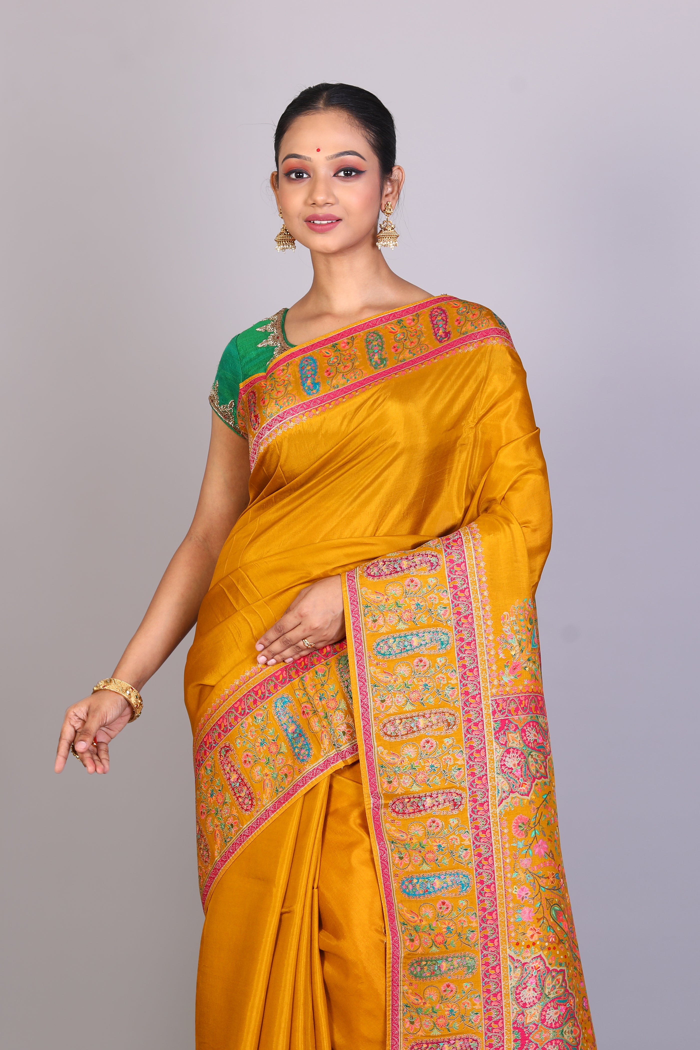 Mustard Blended Satin Silk Saree - Keya Seth Exclusive