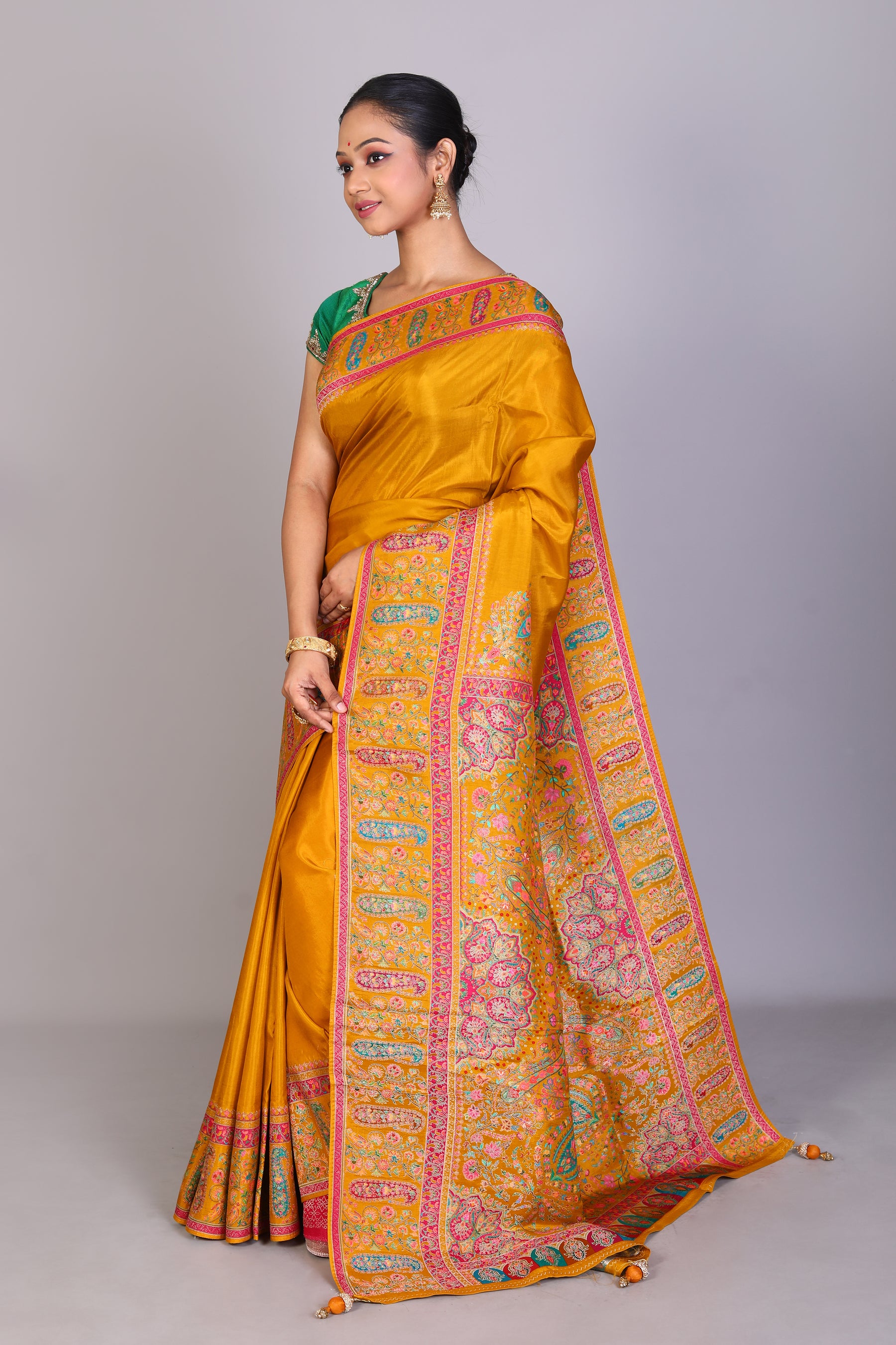 Mustard Blended Satin Silk Saree - Keya Seth Exclusive