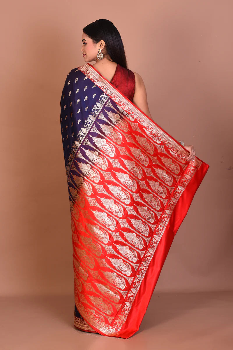 Navy Blue Blended Katan Silk Saree - Keya Seth Exclusive