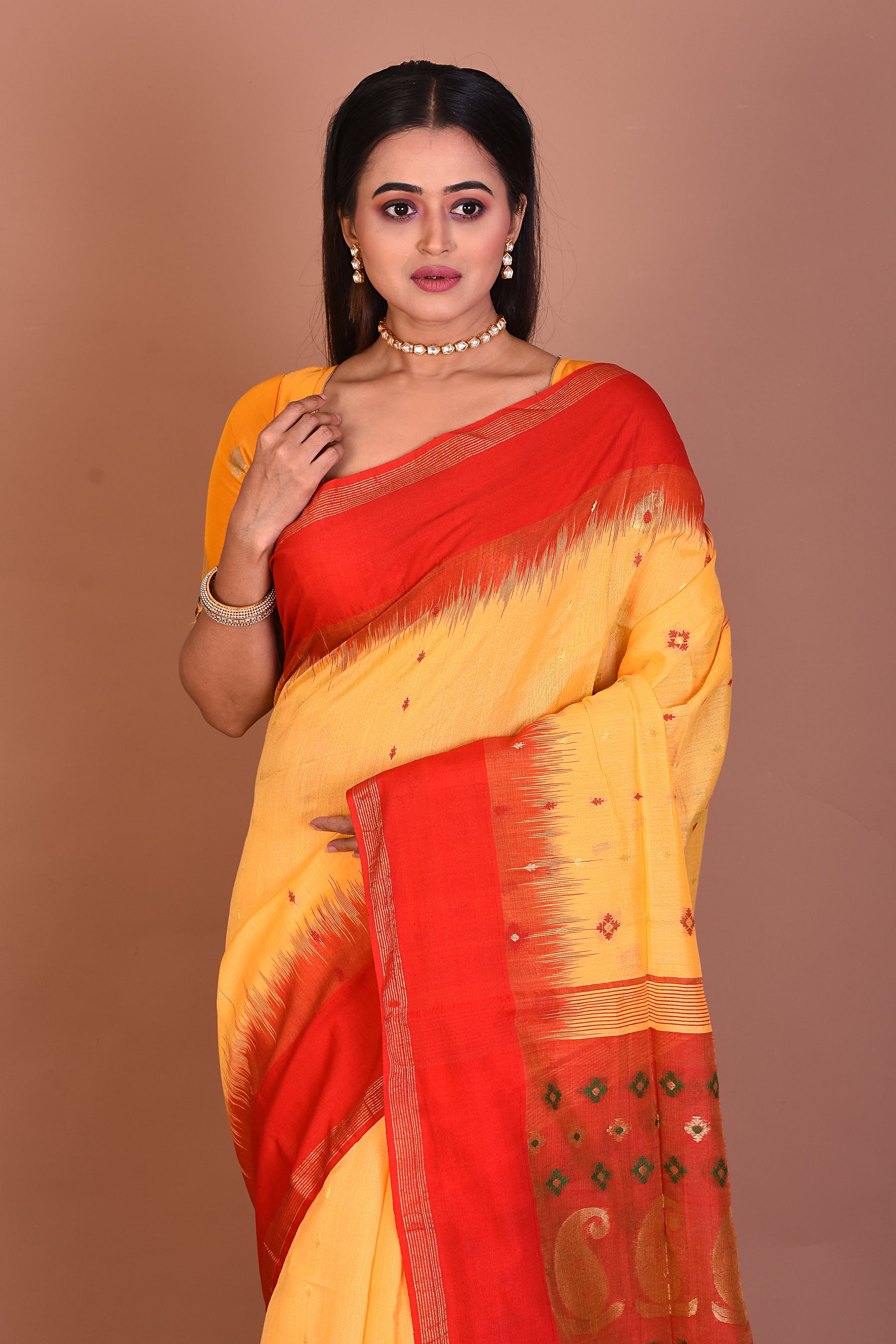 Red and Yellow Blended Handloom Saree - Keya Seth Exclusive