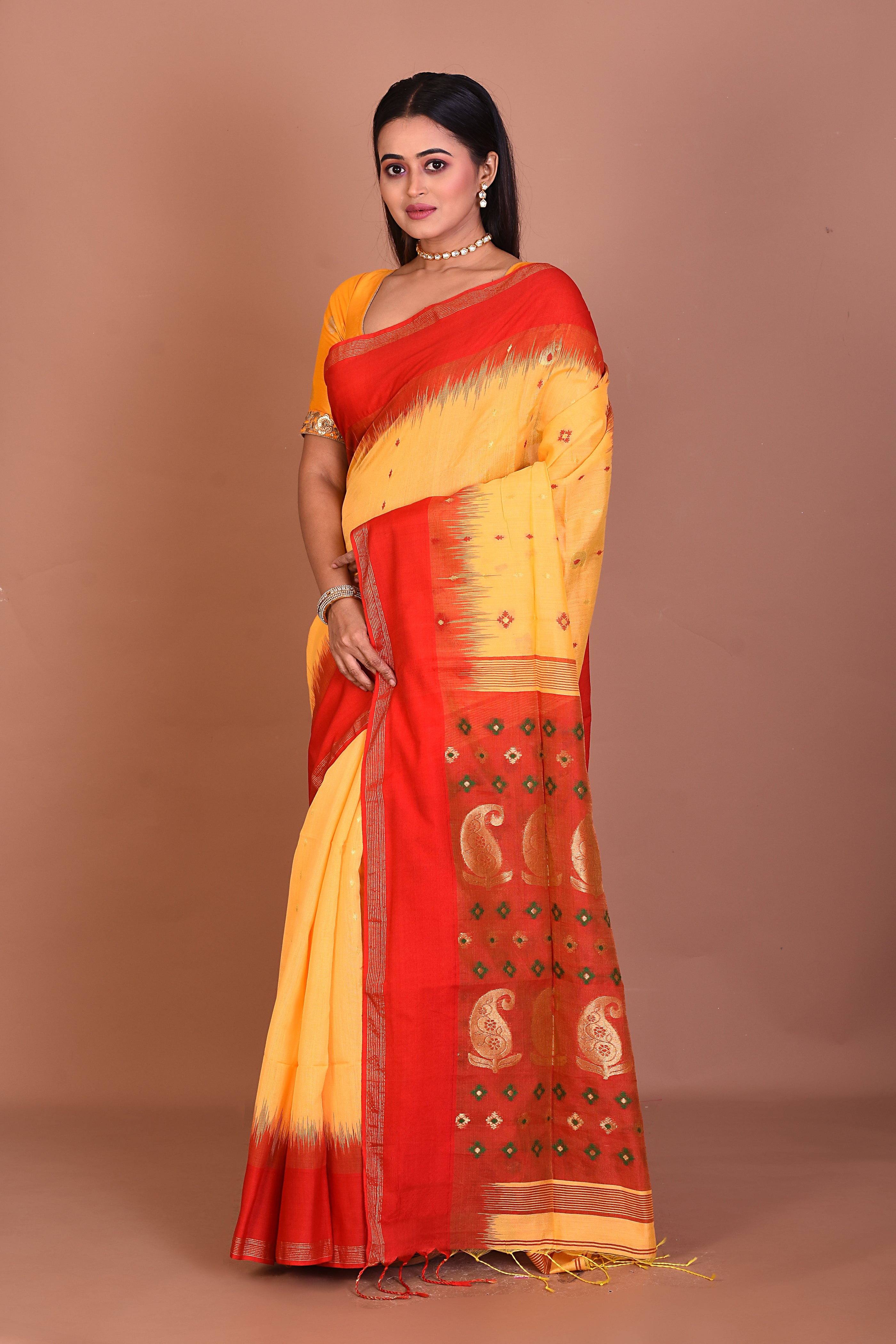 Red and Yellow Blended Handloom Saree - Keya Seth Exclusive