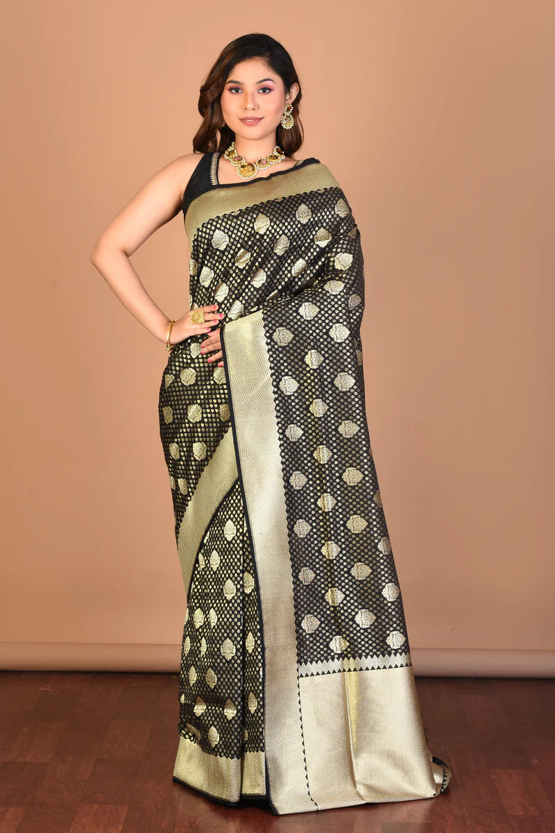 Black Blended Uppada Silk Saree with Blouse Piece - Keya Seth Exclusive