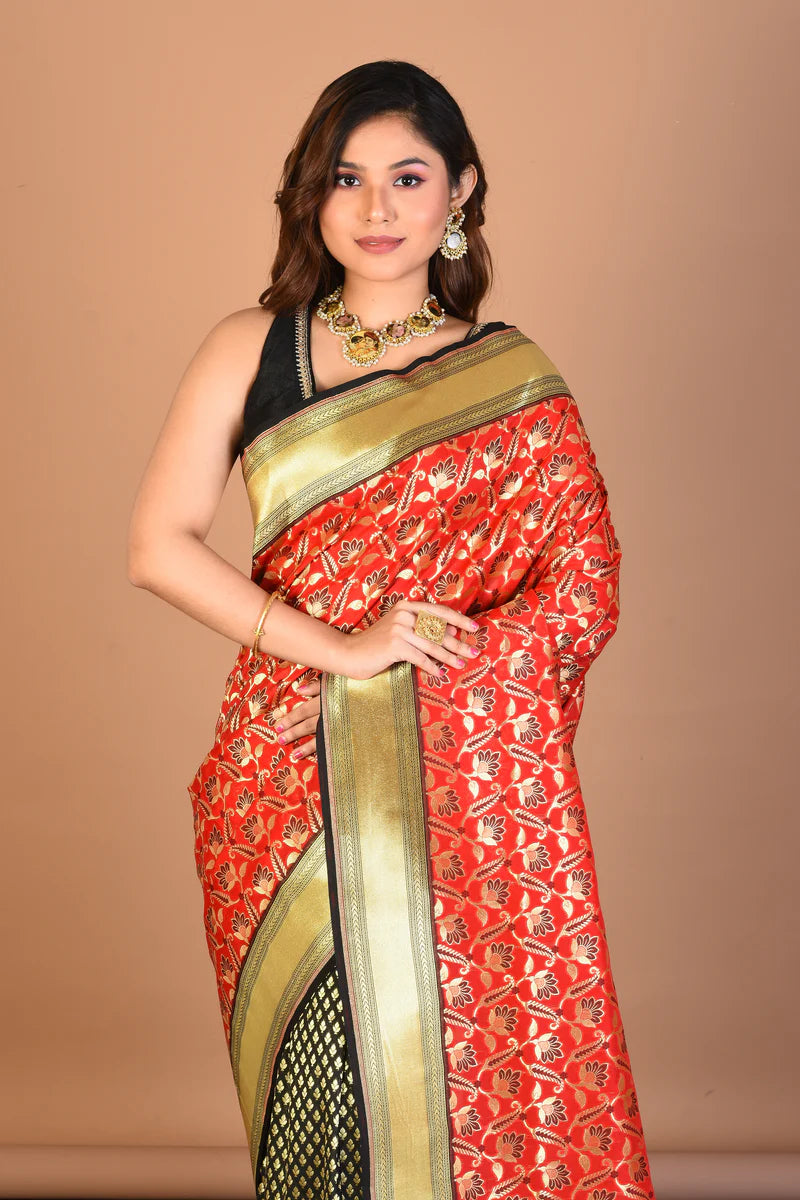 Red and Black Blended Uppada Silk Saree with Blouse Piece - Keya Seth Exclusive