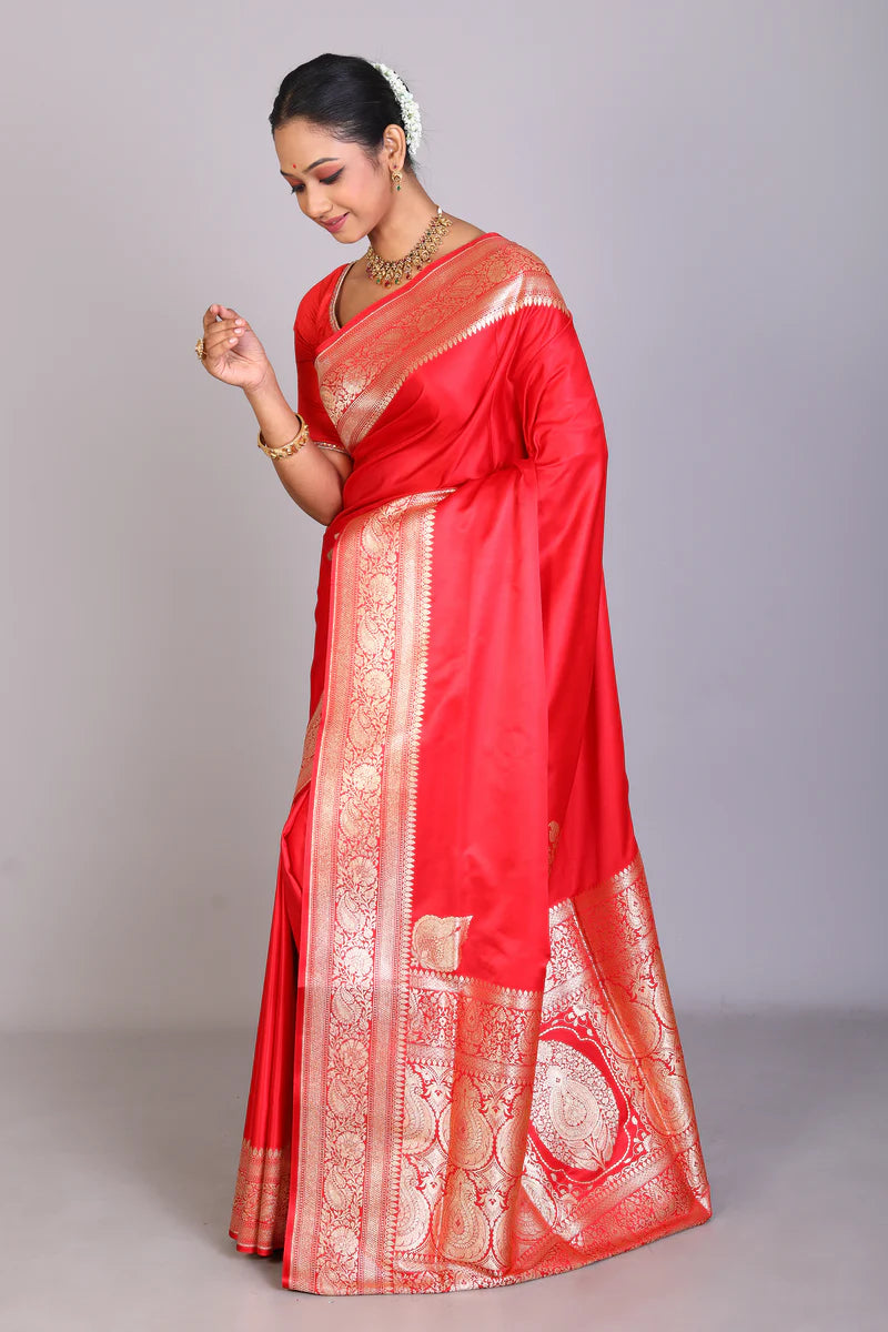 Red Semi Katan Saree - Keya Seth Exclusive
