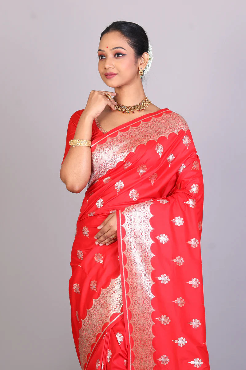 Red Semi Katan Saree - Keya Seth Exclusive
