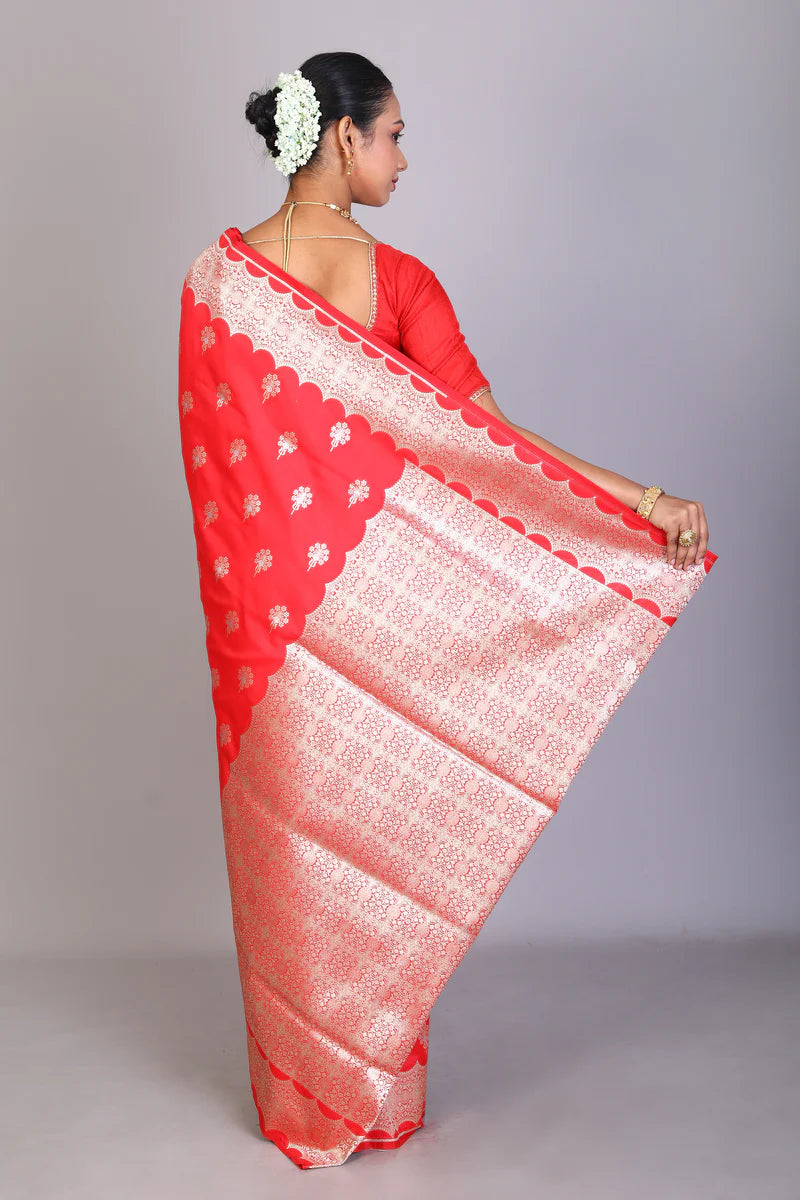 Red Semi Katan Saree - Keya Seth Exclusive
