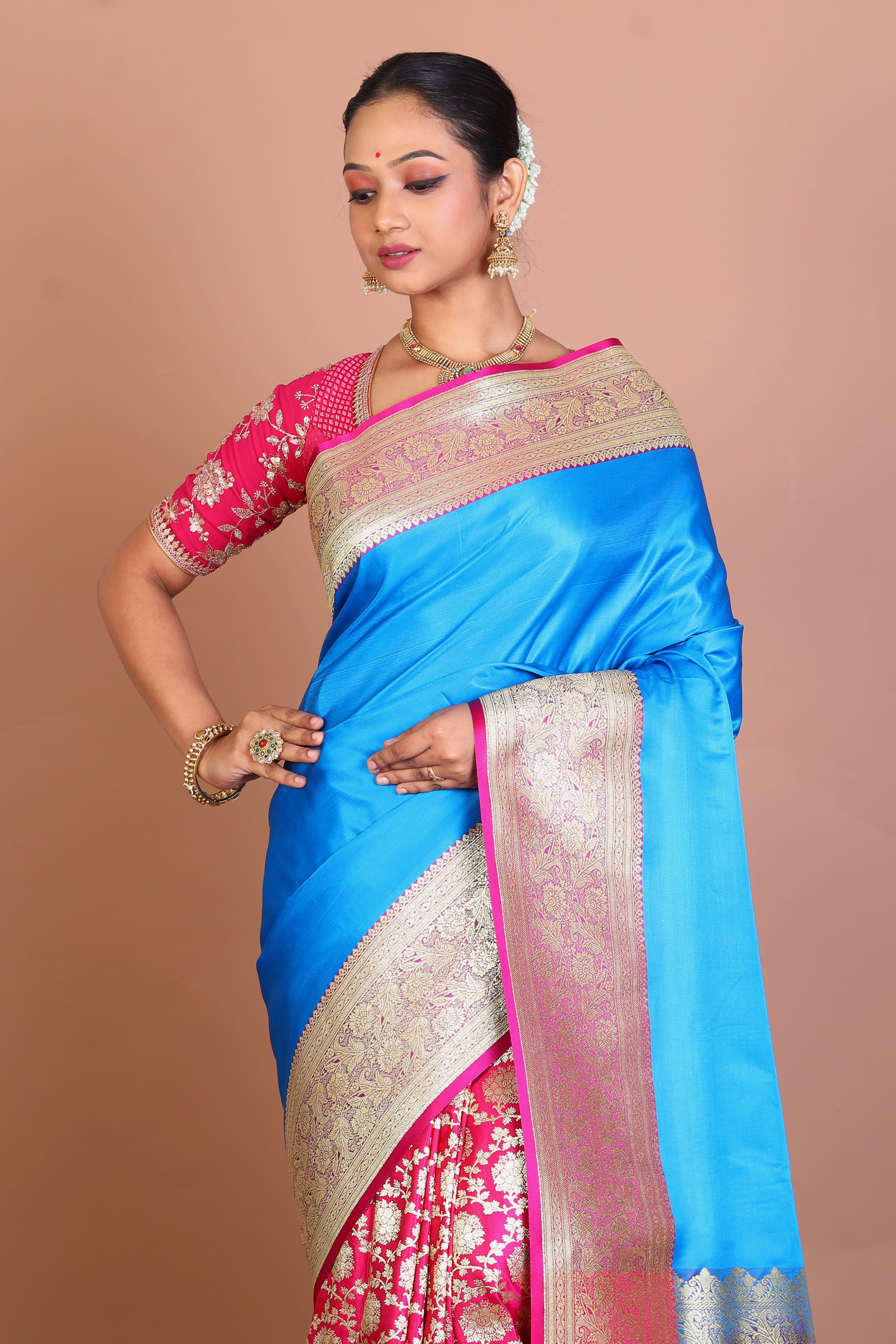 Half & Half Blue with Pink Blended Banarasi Saree - Keya Seth Exclusive