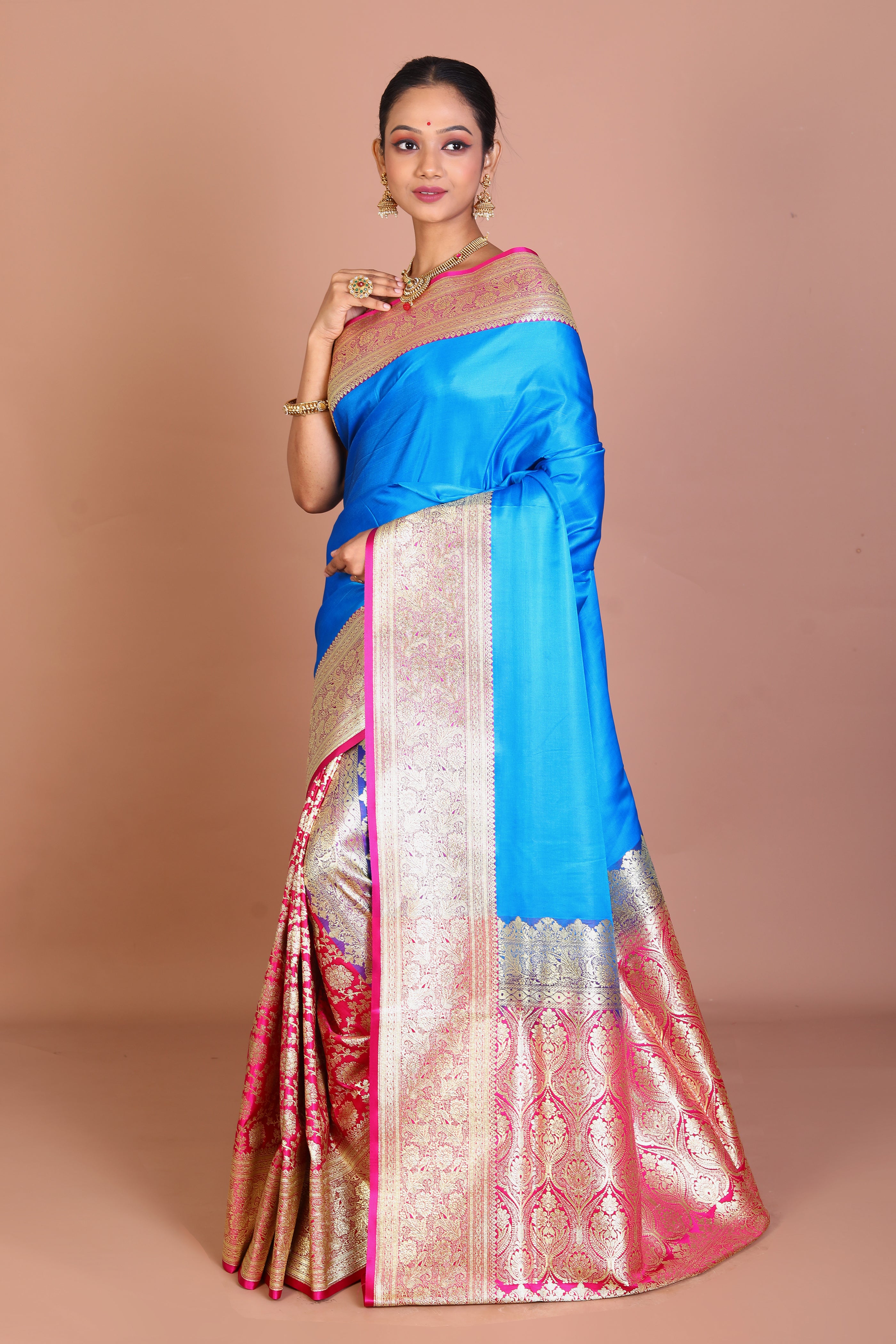 Half & Half Blue with Pink Blended Banarasi Saree - Keya Seth Exclusive